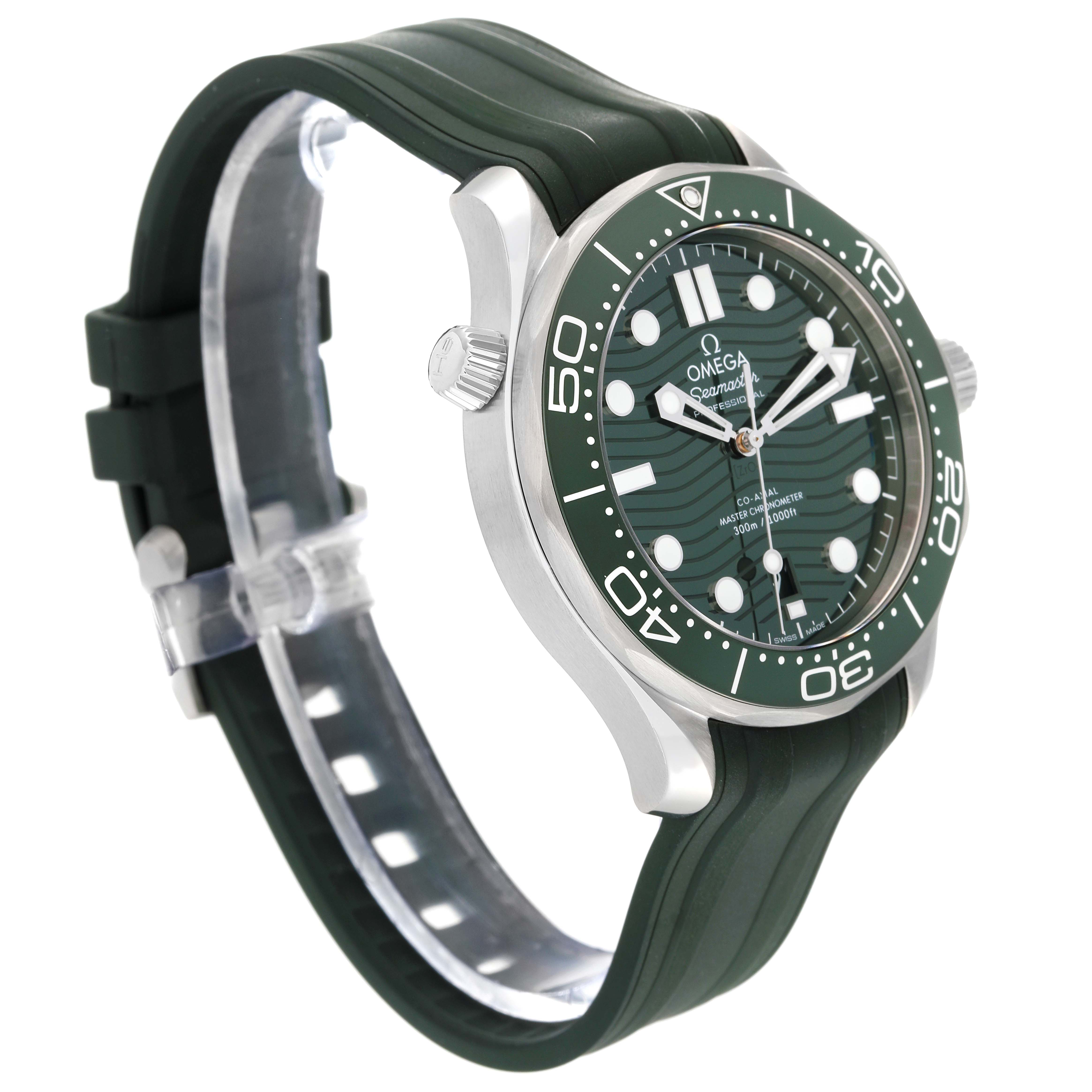 The image shows a side angle of the Omega Seamaster 210.32.42.20.10.001 Men's Stainless Steel Green Dial 210.32.42.20.10.001 Men's Stainless Steel Green Dial watch, highlighting its green rubber strap, stainless steel case, and bezel.