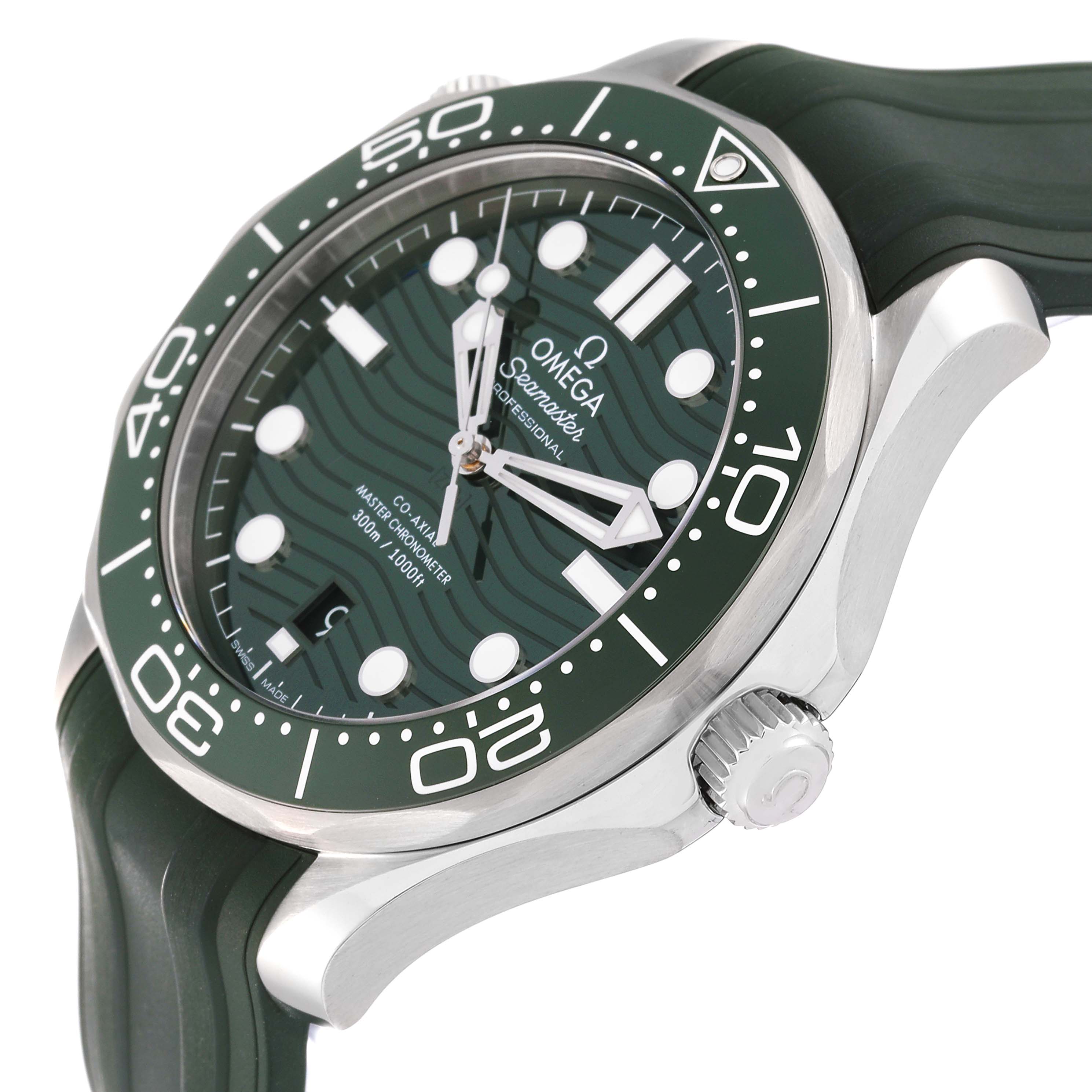 The image shows a side angle of an Omega Seamaster 210.32.42.20.10.001 Men's Stainless Steel Green Dial 210.32.42.20.10.001 Men's Stainless Steel Green Dial watch, highlighting the green dial, bezel, and part of the strap.