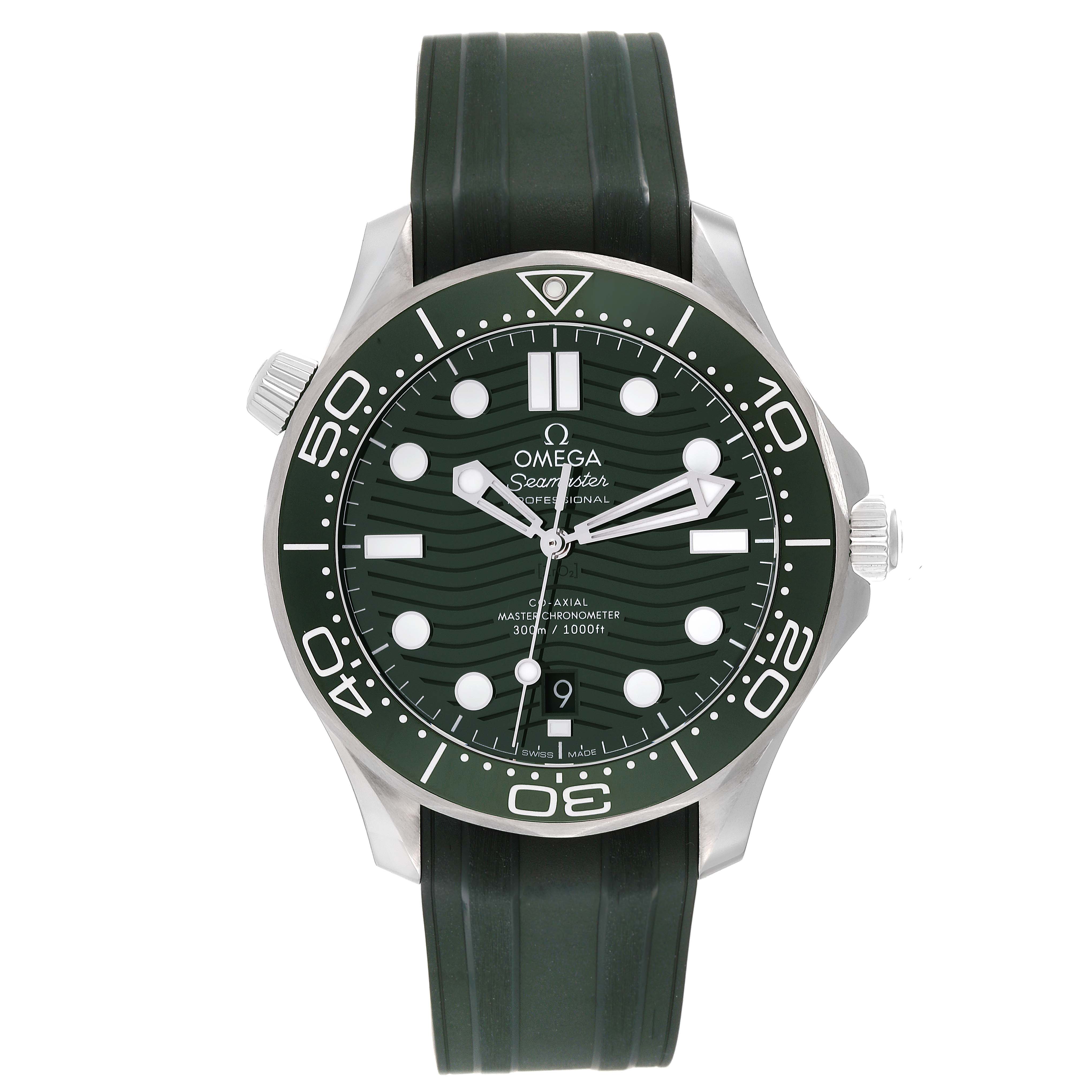 This is a front view of the Omega Seamaster 210.32.42.20.10.001 Men's Stainless Steel Green Dial 210.32.42.20.10.001 Men's Stainless Steel Green Dial watch, showing the face, bezel, and rubber strap.
