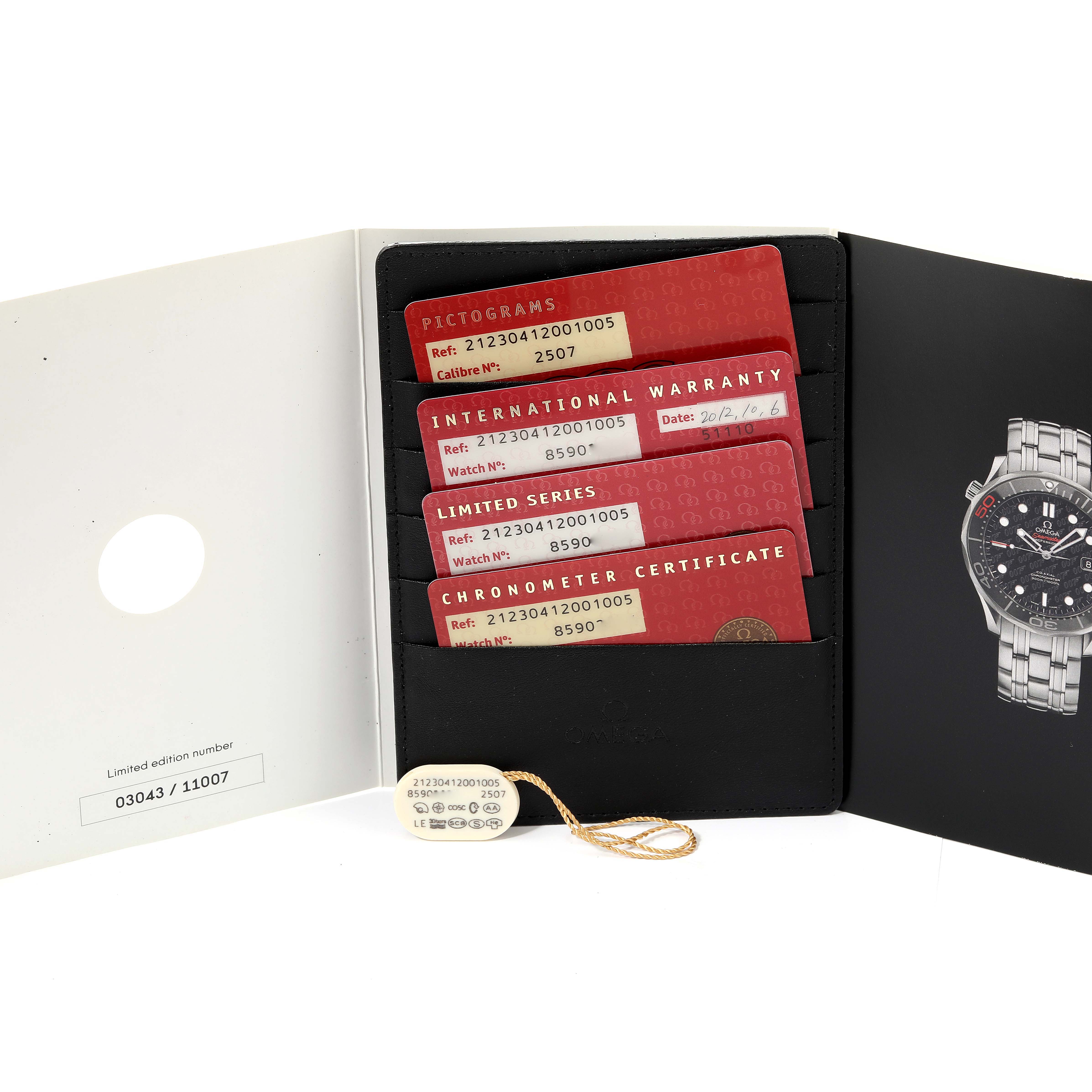 The image shows warranty cards and certificates for an Omega Seamaster 212.30.41.20.01.005 Men's Stainless Steel Black Dial 212.30.41.20.01.005 Men's Stainless Steel Black Dial watch along with its limited edition number and packaging.