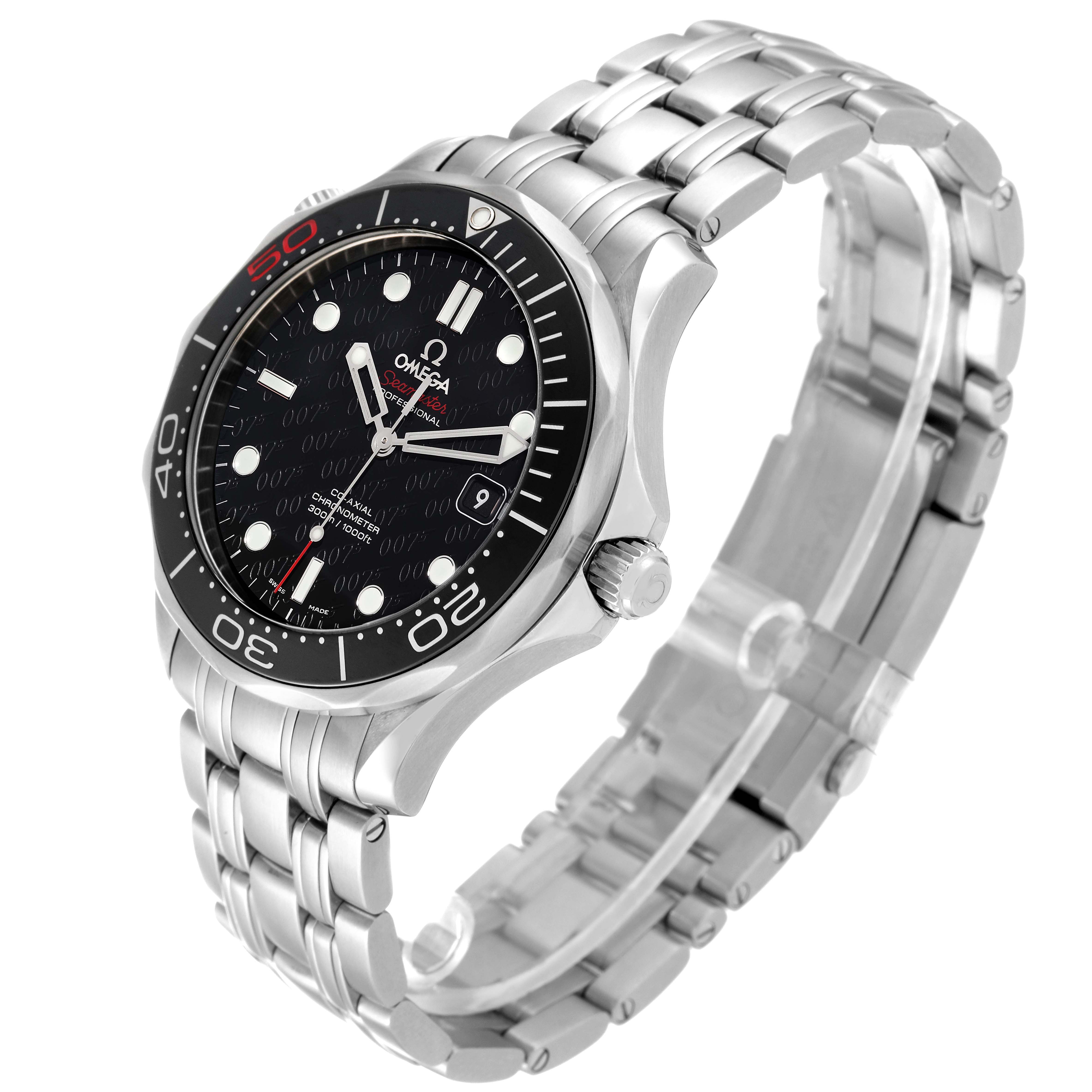 The image shows an Omega Seamaster 212.30.41.20.01.005 Men's Stainless Steel Black Dial 212.30.41.20.01.005 Men's Stainless Steel Black Dial watch angled to display the dial, bezel, crown, and stainless steel bracelet.