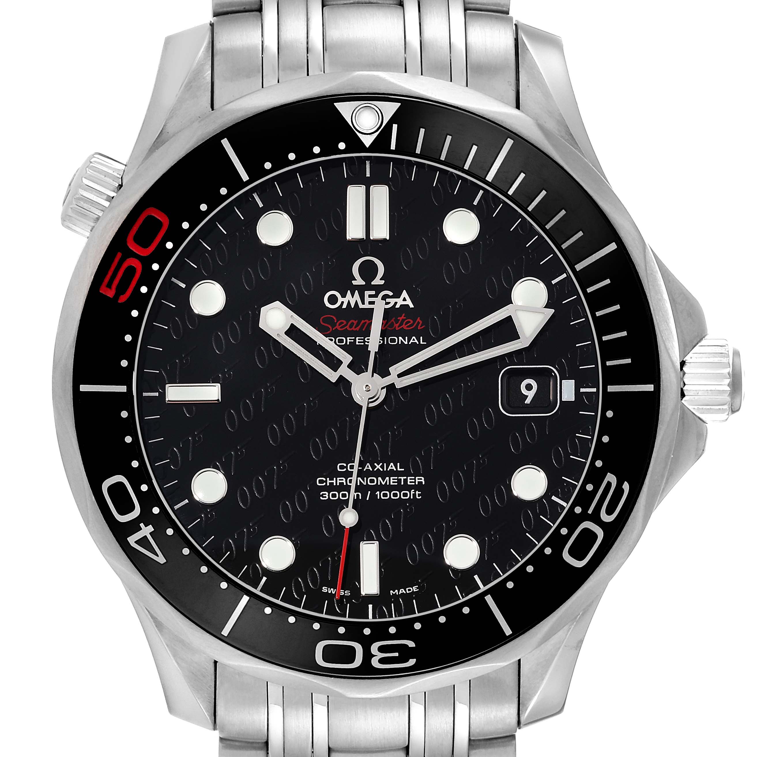 The image shows a front view of the Omega Seamaster 212.30.41.20.01.005 Men's Stainless Steel Black Dial 212.30.41.20.01.005 Men's Stainless Steel Black Dial watch, highlighting its dial, bezel, hands, and part of the bracelet.