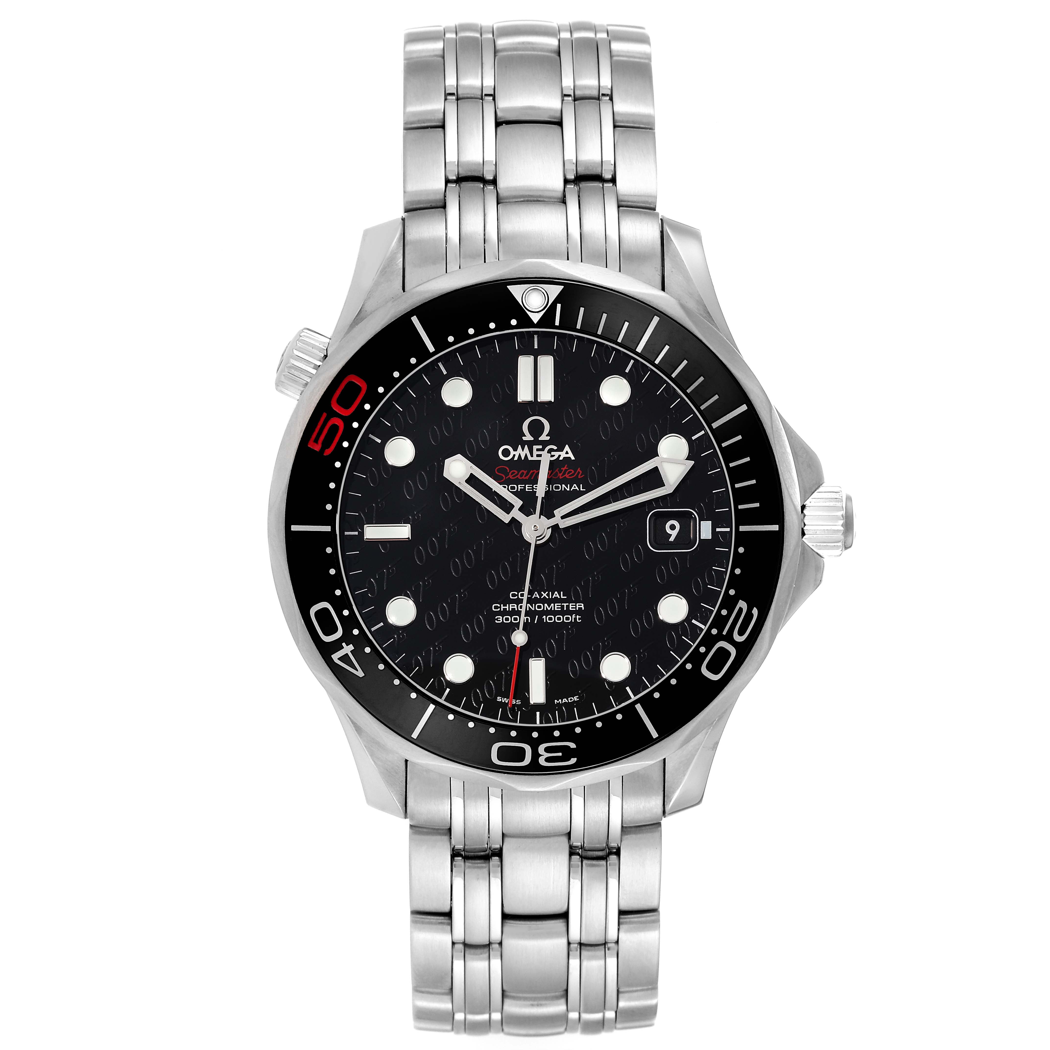 The image shows an Omega Seamaster 212.30.41.20.01.005 Men's Stainless Steel Black Dial 212.30.41.20.01.005 Men's Stainless Steel Black Dial watch, displaying its face, bezel, and stainless steel bracelet from a front angle.