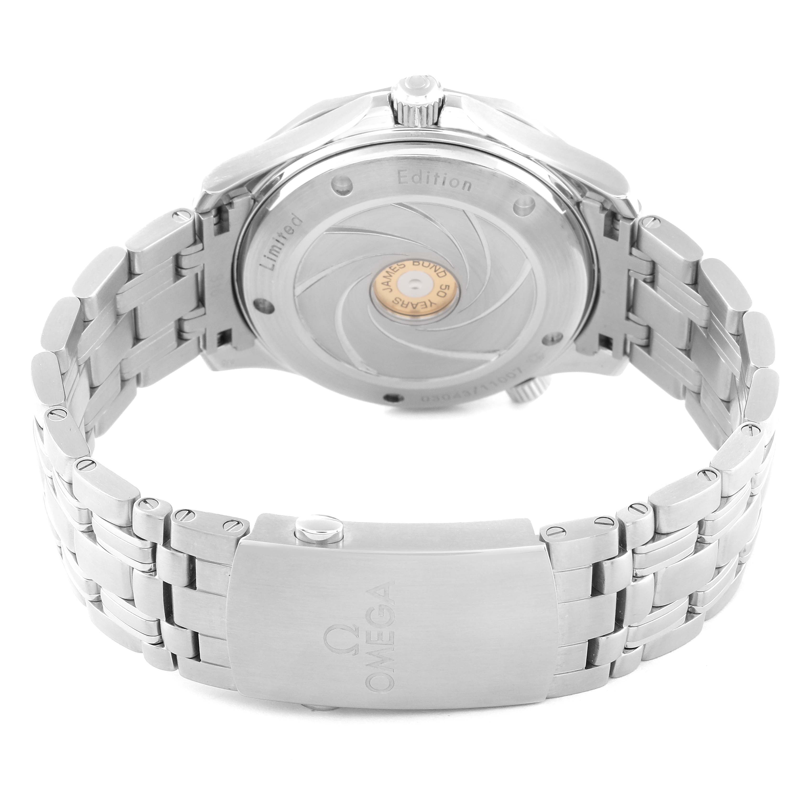 The image shows the back view of an Omega Seamaster 212.30.41.20.01.005 Men's Stainless Steel Black Dial 212.30.41.20.01.005 Men's Stainless Steel Black Dial watch, with a focus on its case back and metal bracelet.