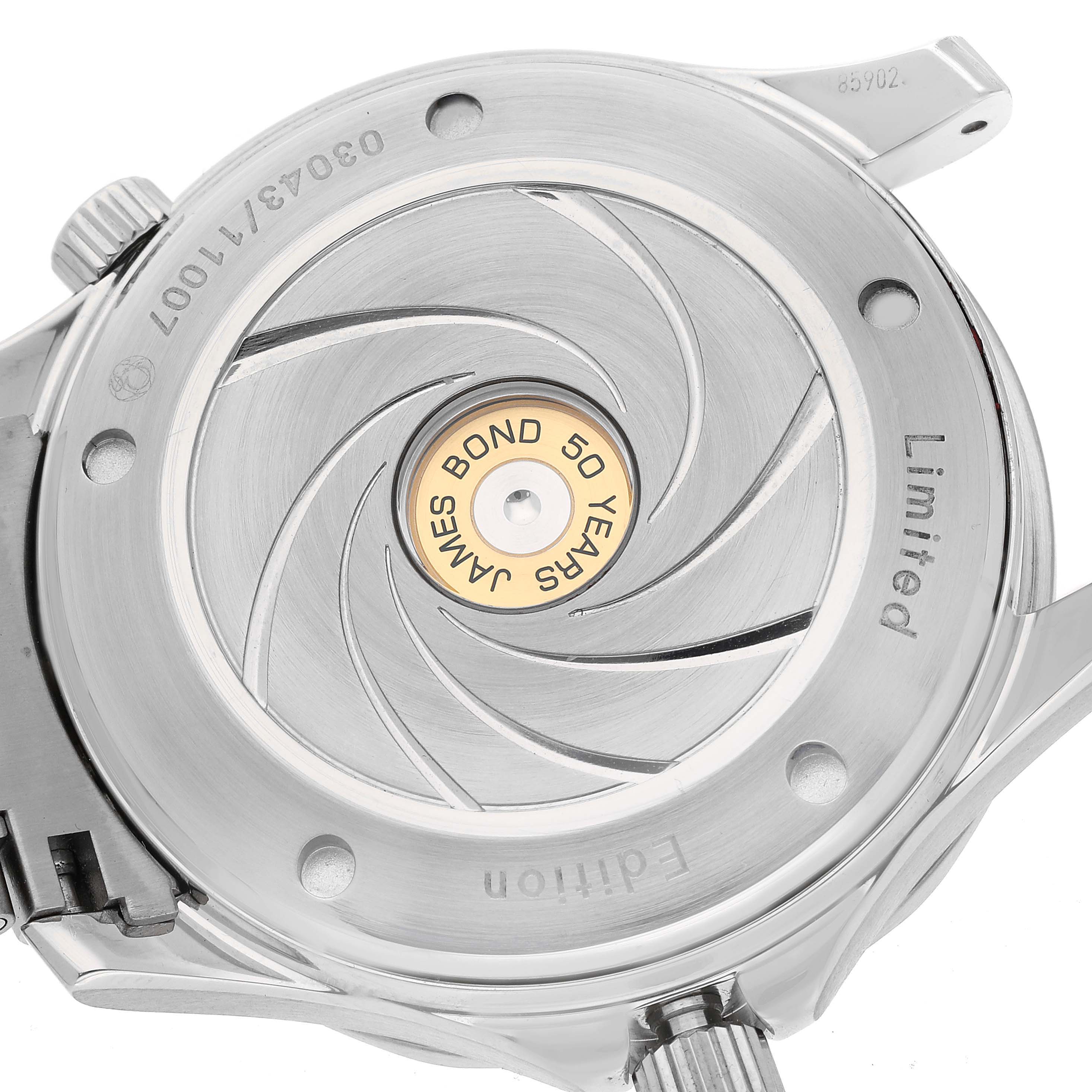 This image shows the case back of the Omega Seamaster 212.30.41.20.01.005 Men's Stainless Steel Black Dial 212.30.41.20.01.005 Men's Stainless Steel Black Dial watch, featuring a "James Bond 50 Years" engraving.