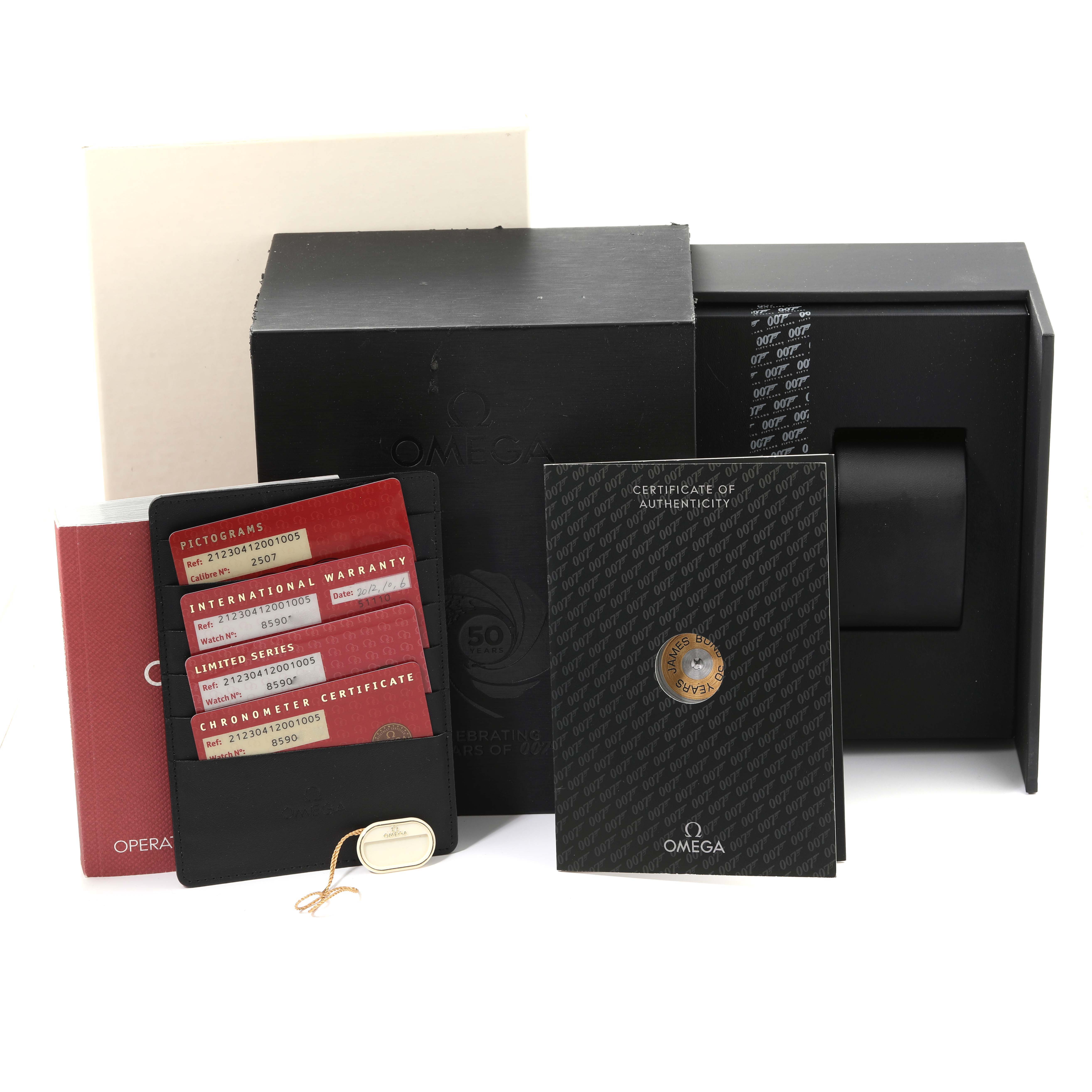 The image shows the box and documentation for the Omega Seamaster 212.30.41.20.01.005 Men's Stainless Steel Black Dial 212.30.41.20.01.005 Men's Stainless Steel Black Dial model, including warranty cards and a certificate of authenticity.