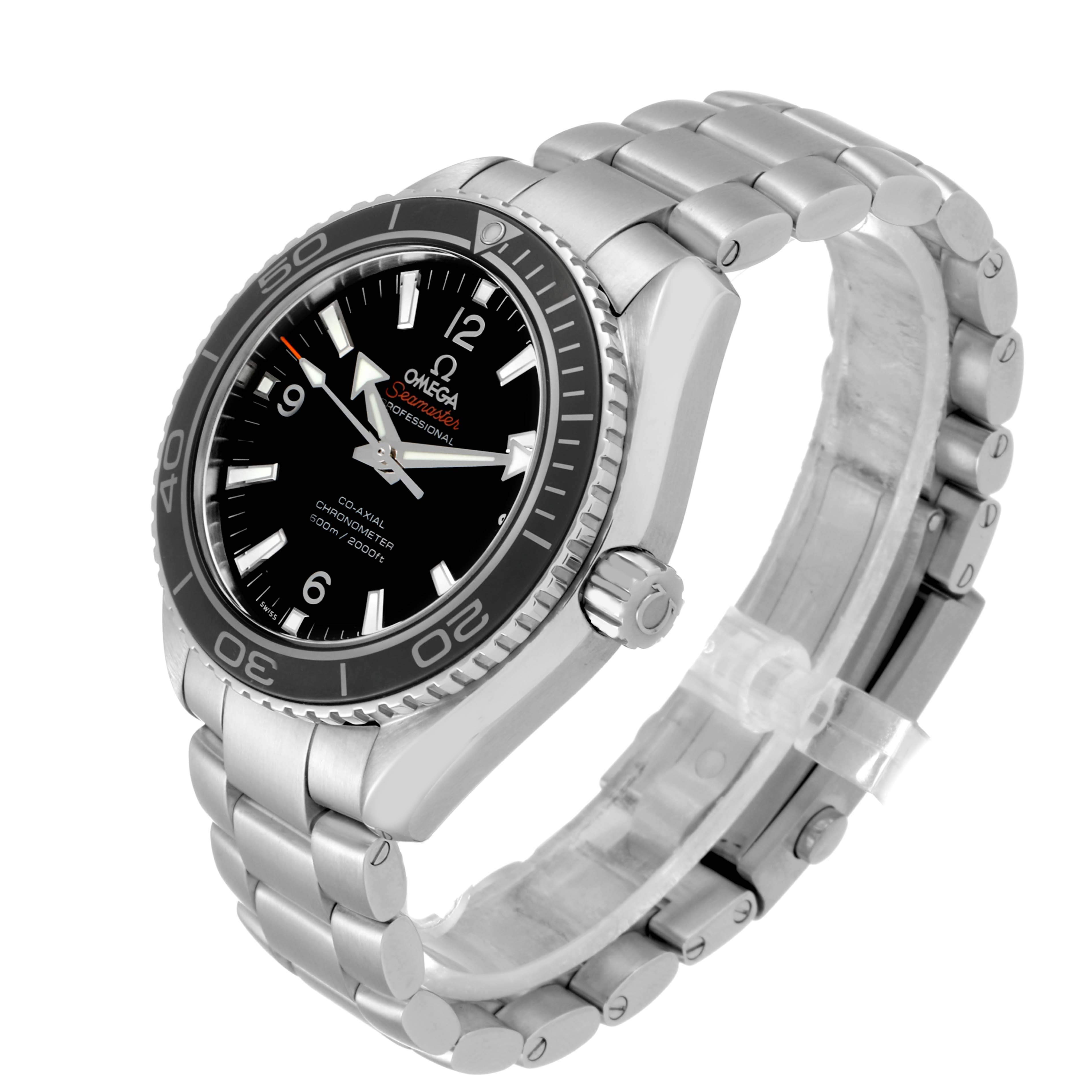 The Omega Planet Ocean 232.30.42.21.01.003 Men
s Stainless Steel Black Dial 232.30.42.21.01.003 Men
s Stainless Steel Black Dial watch is pictured at an angle showcasing its face, bezel, crown, and stainless steel bracelet.