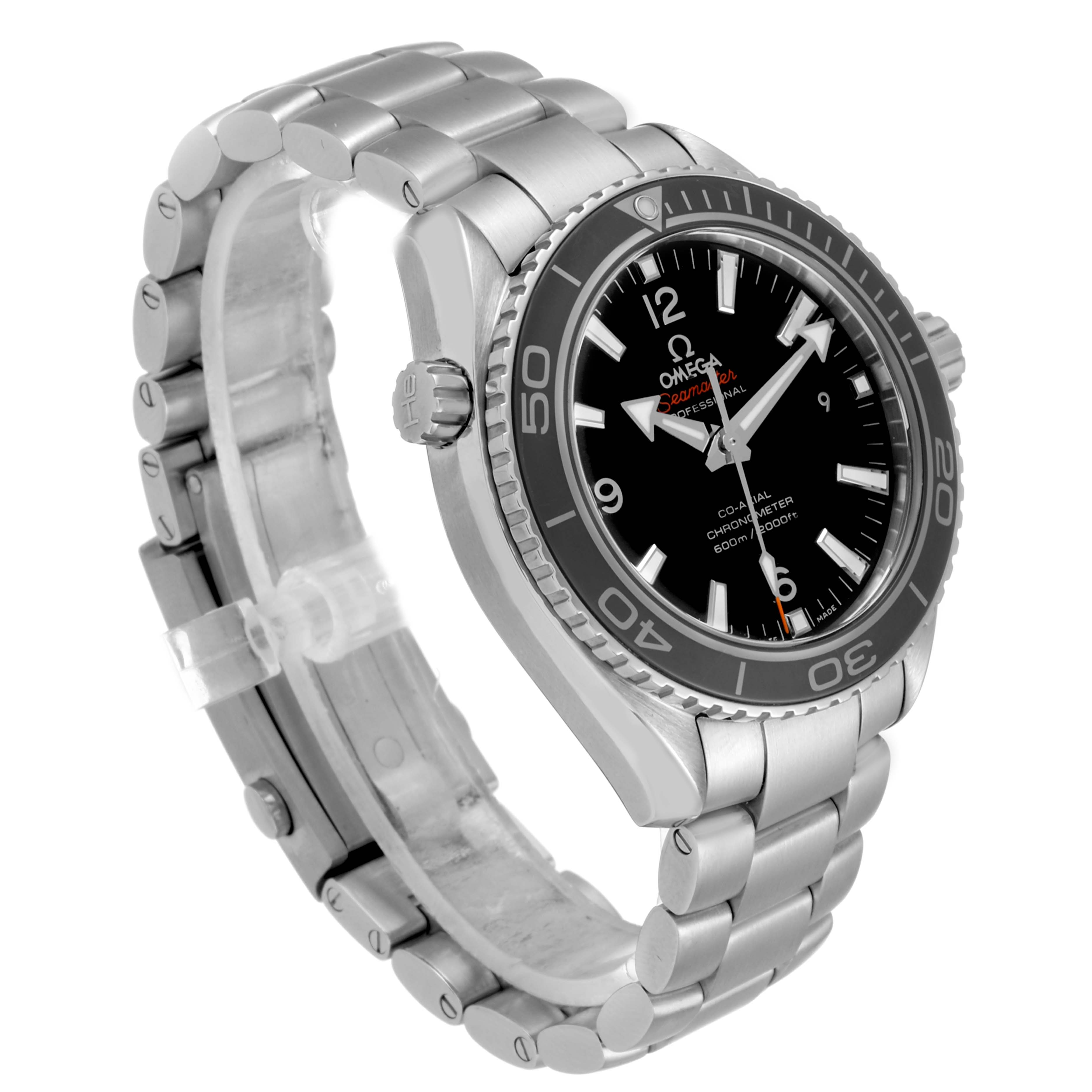 The Omega Planet Ocean 232.30.42.21.01.003 Men
s Stainless Steel Black Dial 232.30.42.21.01.003 Men
s Stainless Steel Black Dial watch is shown at an angle displaying the face, bezel, crown, and metal bracelet.