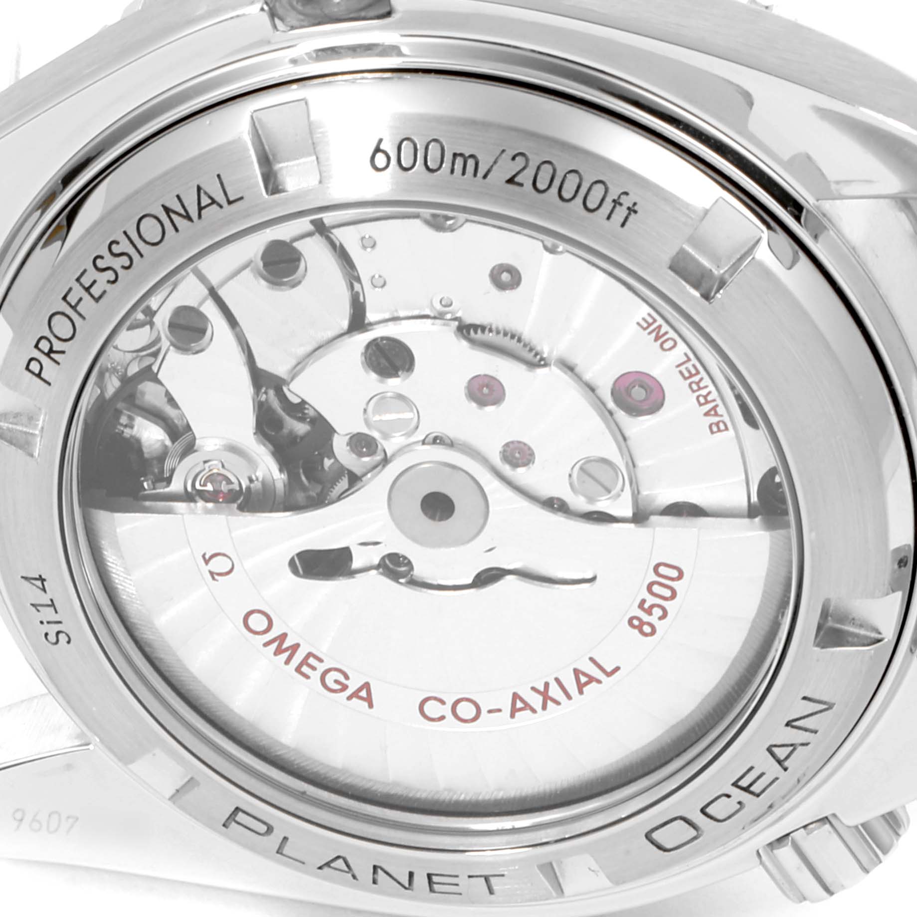 The image shows the back of the Omega Planet Ocean 232.30.42.21.01.003 Men
s Stainless Steel Black Dial 232.30.42.21.01.003 Men
s Stainless Steel Black Dial watch, highlighting its Co-Axial 8500 movement and markings.