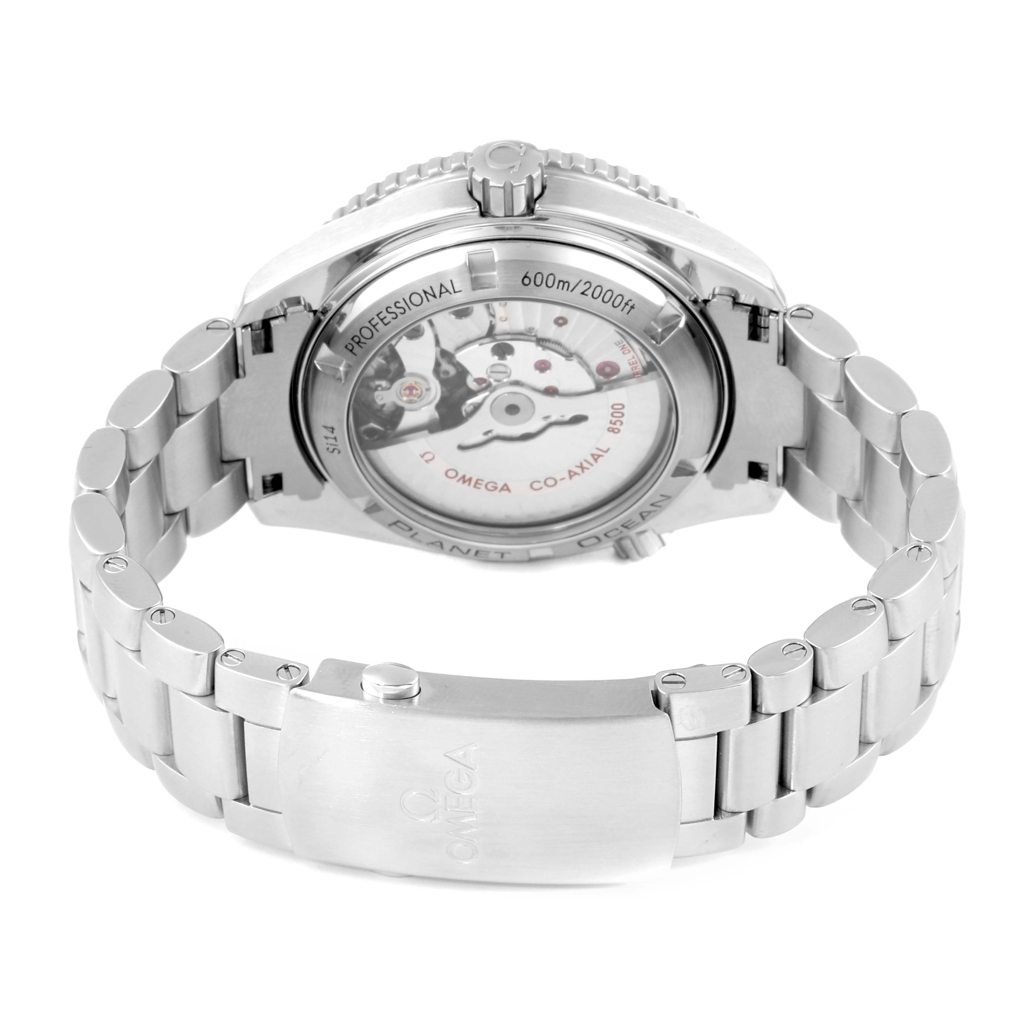 The image shows the back view of an Omega Planet Ocean 232.30.42.21.01.003 Men
s Stainless Steel Black Dial 232.30.42.21.01.003 Men
s Stainless Steel Black Dial watch, highlighting the case back and the stainless steel bracelet.