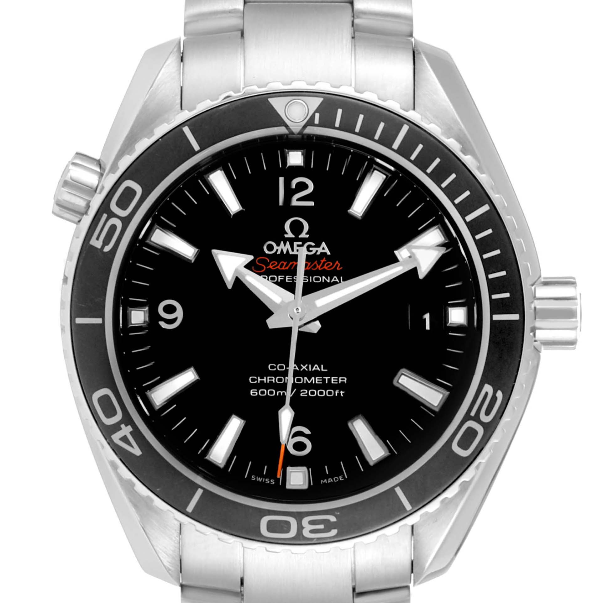 The Omega Planet Ocean 232.30.42.21.01.003 Men
s Stainless Steel Black Dial 232.30.42.21.01.003 Men
s Stainless Steel Black Dial watch is shown from a front angle, displaying the dial, bezel, hands, and a portion of the bracelet.