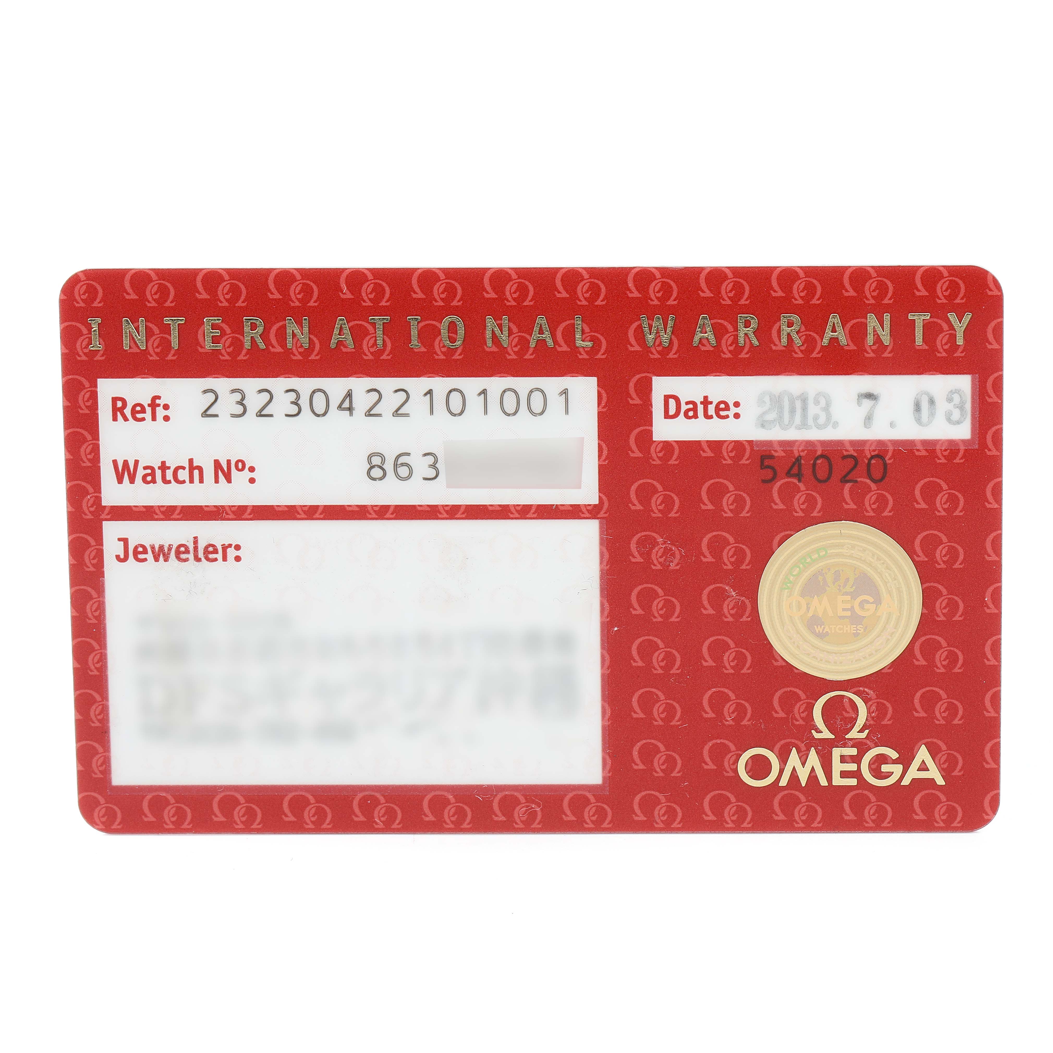 This image shows the International Warranty card for the Omega Planet Ocean 232.30.42.21.01.003 Men
s Stainless Steel Black Dial 232.30.42.21.01.003 Men
s Stainless Steel Black Dial model watch.