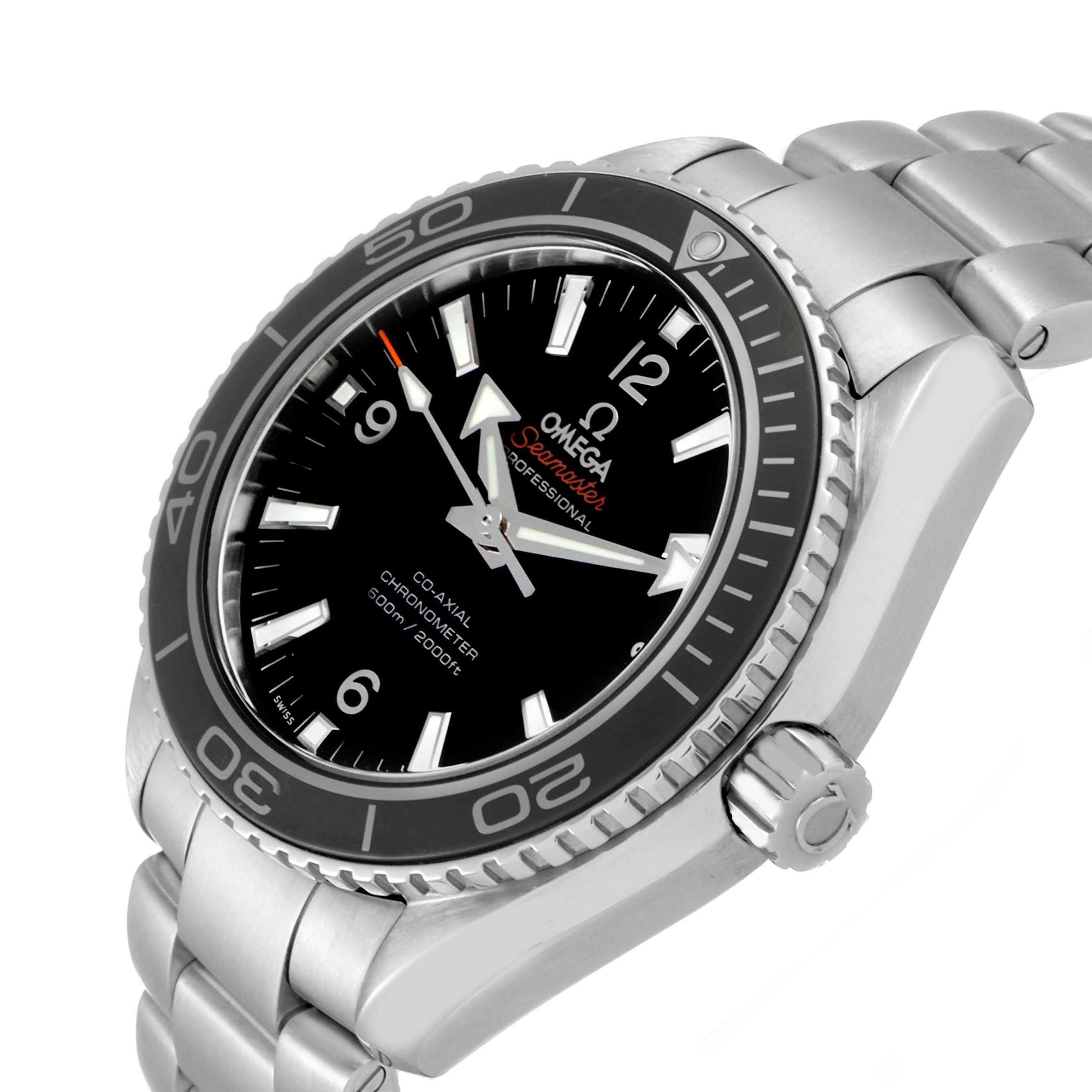 The Omega Planet Ocean 232.30.42.21.01.003 Men
s Stainless Steel Black Dial 232.30.42.21.01.003 Men
s Stainless Steel Black Dial watch is shown at an oblique angle, highlighting the dial, bezel, crown, and part of the bracelet.