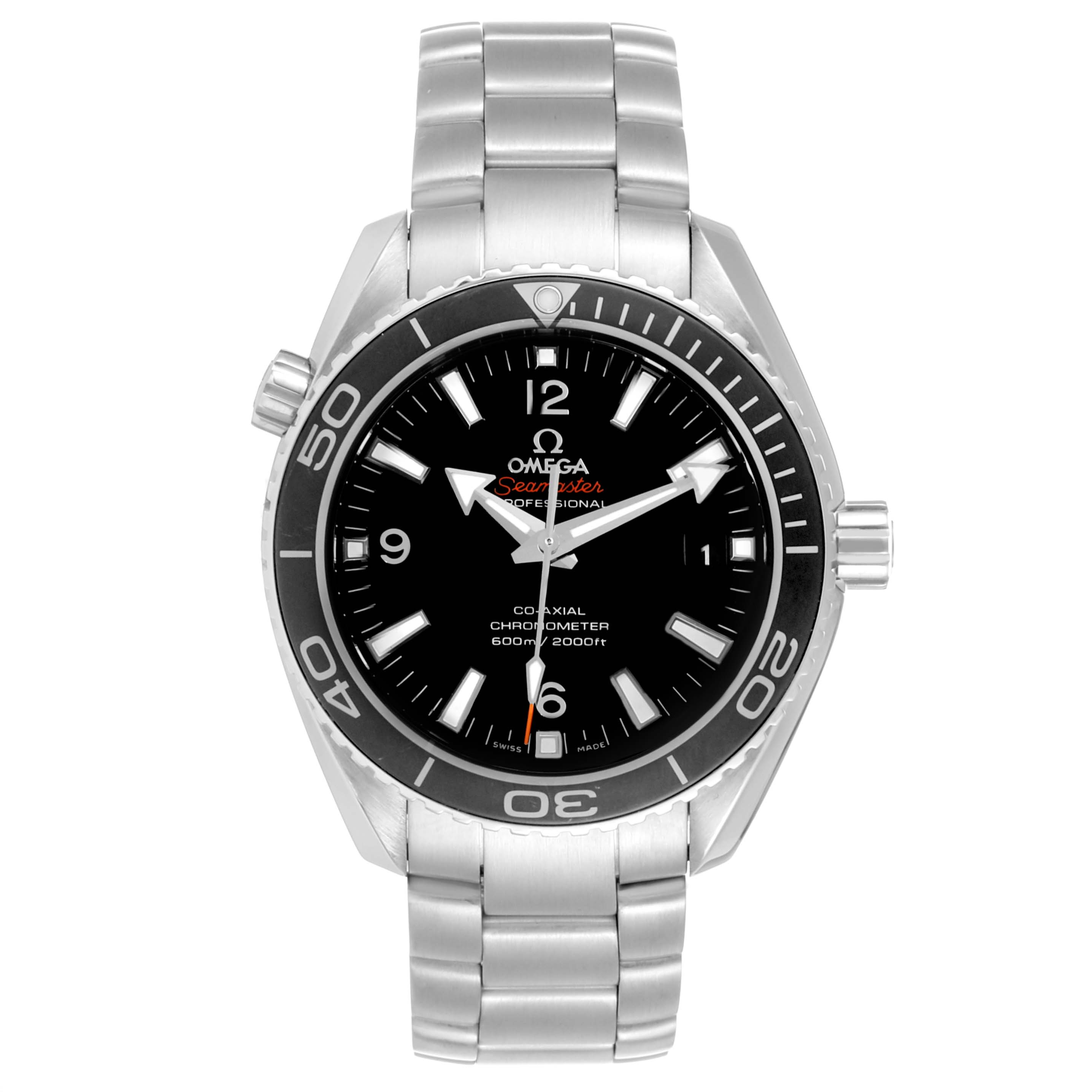 The image shows a top-down view of the Omega Planet Ocean 232.30.42.21.01.003 Men
s Stainless Steel Black Dial 232.30.42.21.01.003 Men
s Stainless Steel Black Dial watch, highlighting its face, bezel, and stainless steel bracelet.