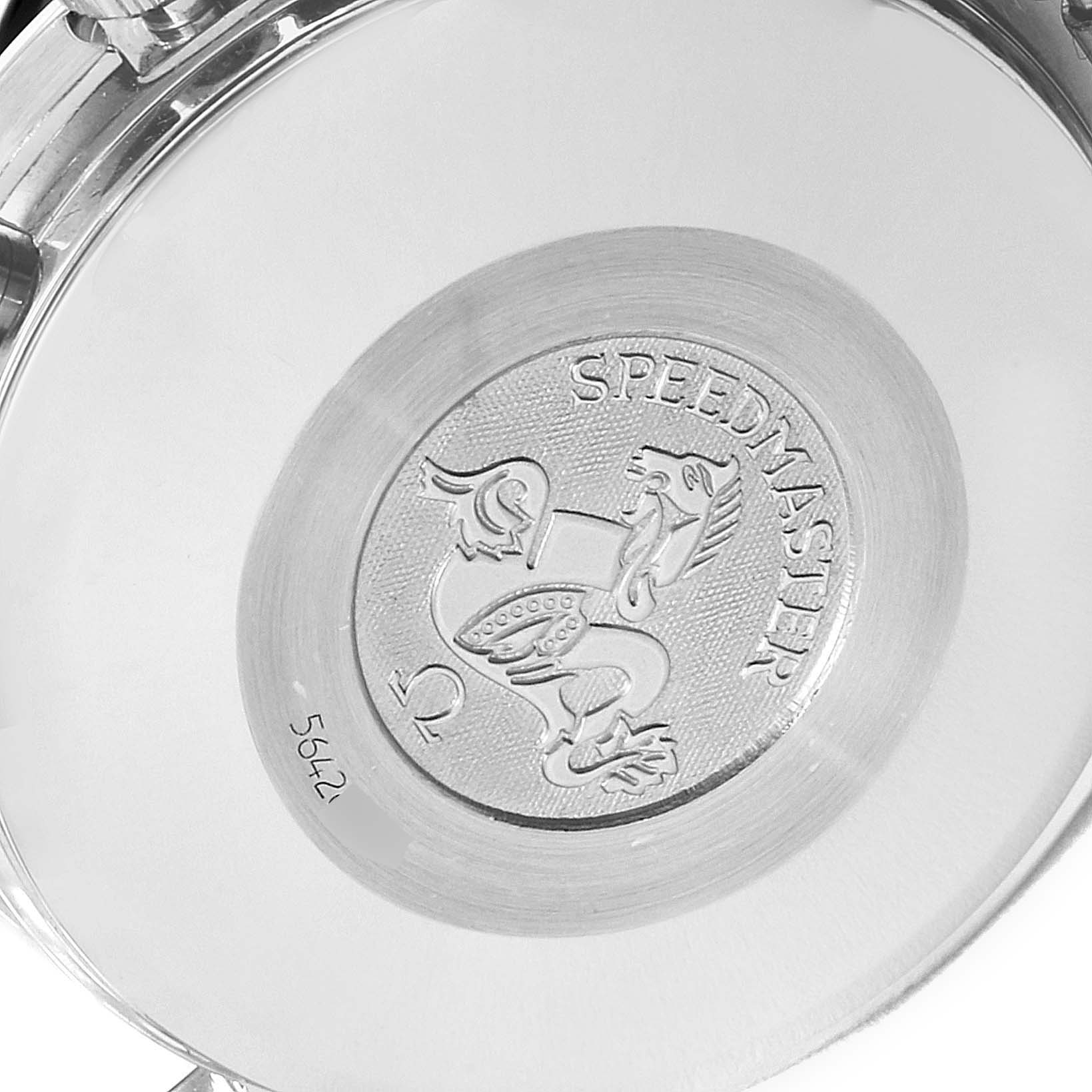 The image shows the case back of the Omega Speedmaster 3511.50.00 Men
s Stainless Steel Black Dial 3511.50.00 Men
s Stainless Steel Black Dial watch, highlighting its emblem and model name.