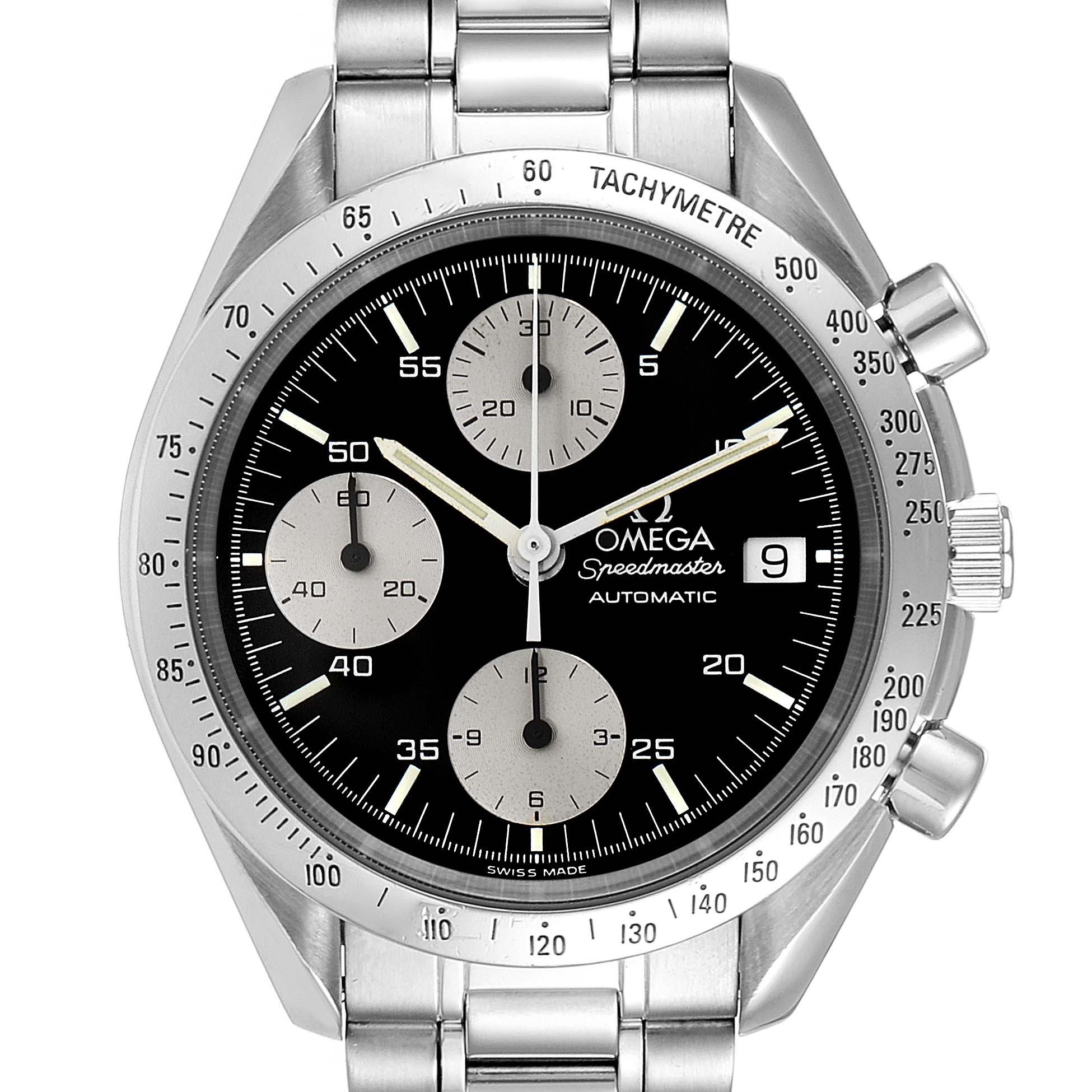 This image shows the front view of the Omega Speedmaster 3511.50.00 Men
s Stainless Steel Black Dial 3511.50.00 Men
s Stainless Steel Black Dial watch, highlighting its dial, sub-dials, bezel, and stainless steel bracelet.