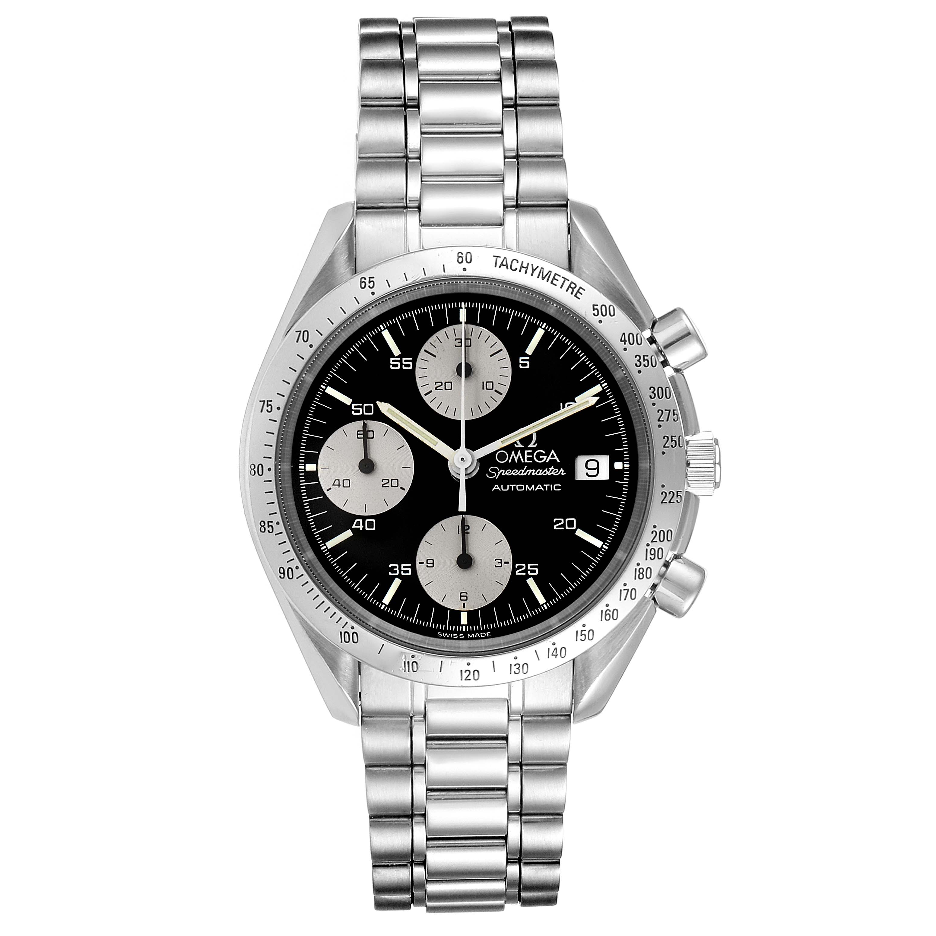 The image shows a frontal view of the Omega Speedmaster 3511.50.00 Men
s Stainless Steel Black Dial 3511.50.00 Men
s Stainless Steel Black Dial watch, highlighting its dial, subdials, tachymeter bezel, and metal bracelet.