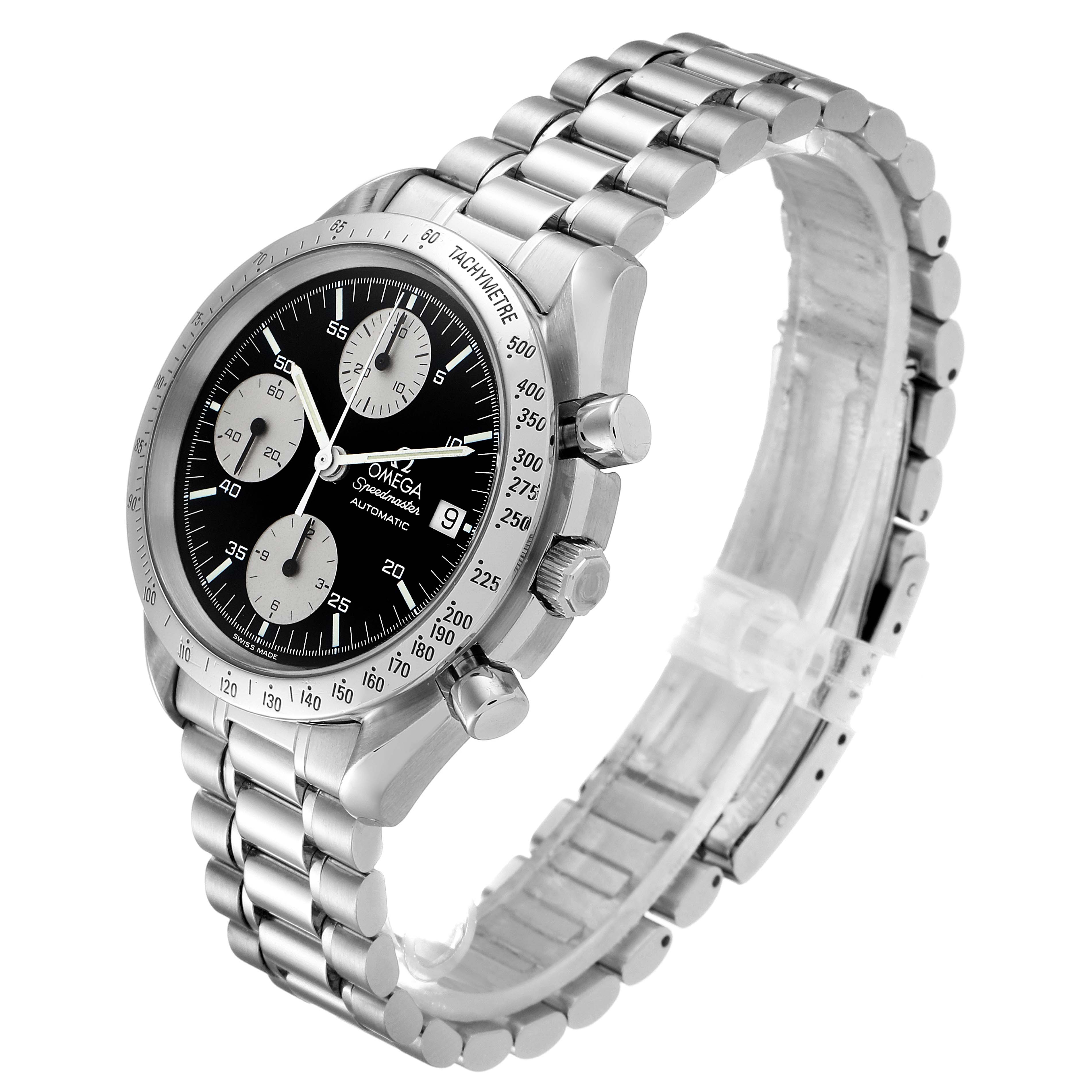 The image shows an Omega Speedmaster 3511.50.00 Men
s Stainless Steel Black Dial 3511.50.00 Men
s Stainless Steel Black Dial watch at a three-quarter angle, highlighting its stainless steel bracelet, bezel, and chronograph dial.