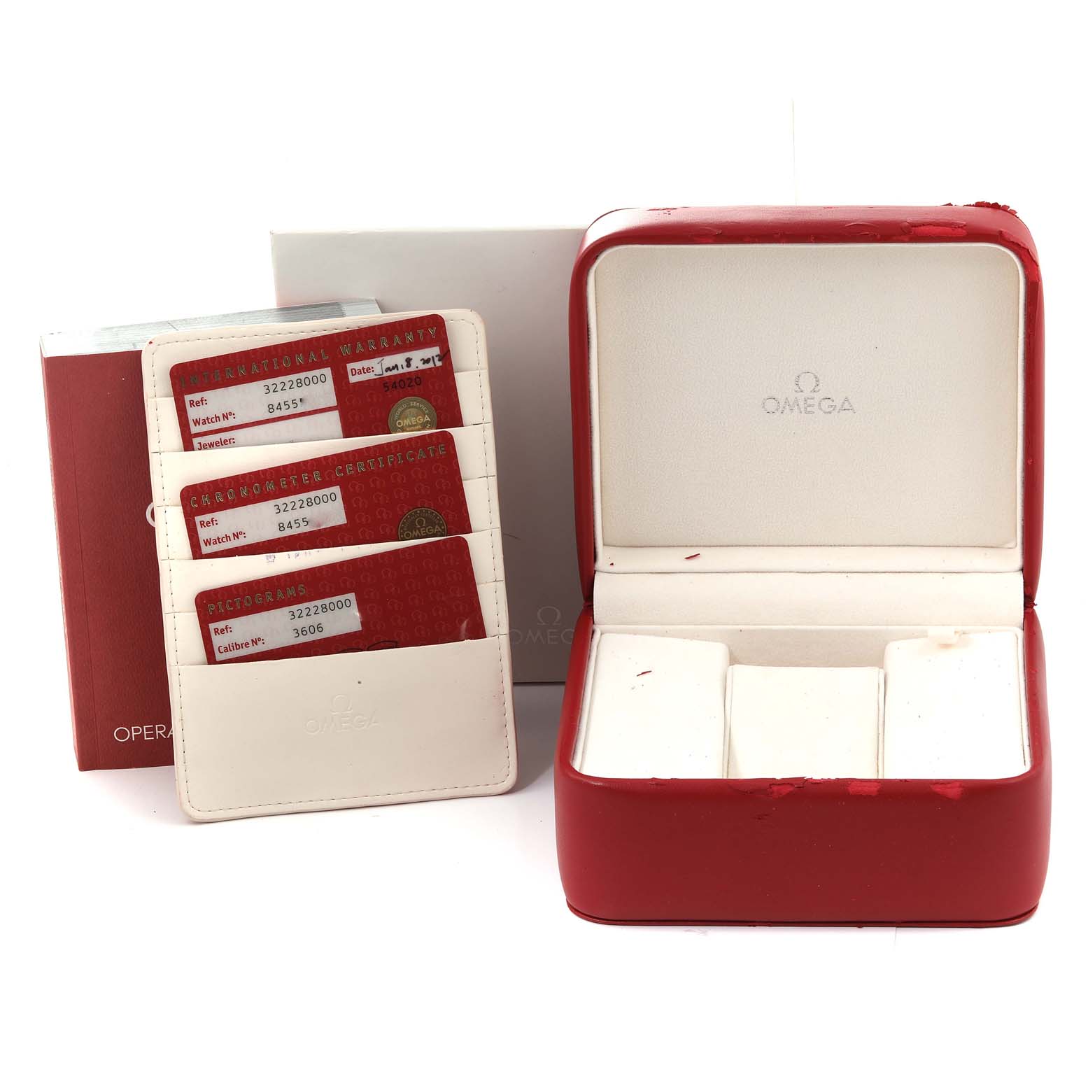 The image shows an Omega Speedmaster 3222.80.00 Men
s Stainless Steel Blue Dial 3222.80.00 Men
s Stainless Steel Blue Dial watch box, warranty cards, and Best Quality
ation papers from a front angle.