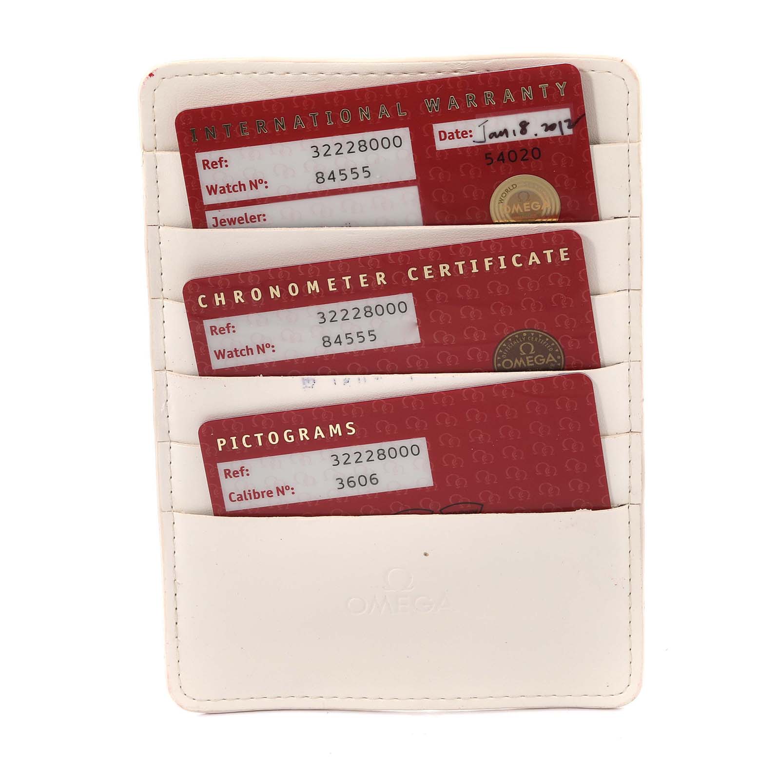 The image shows warranty and certification cards for an Omega Speedmaster 3222.80.00 Men
s Stainless Steel Blue Dial 3222.80.00 Men
s Stainless Steel Blue Dial watch, held in a white card holder.