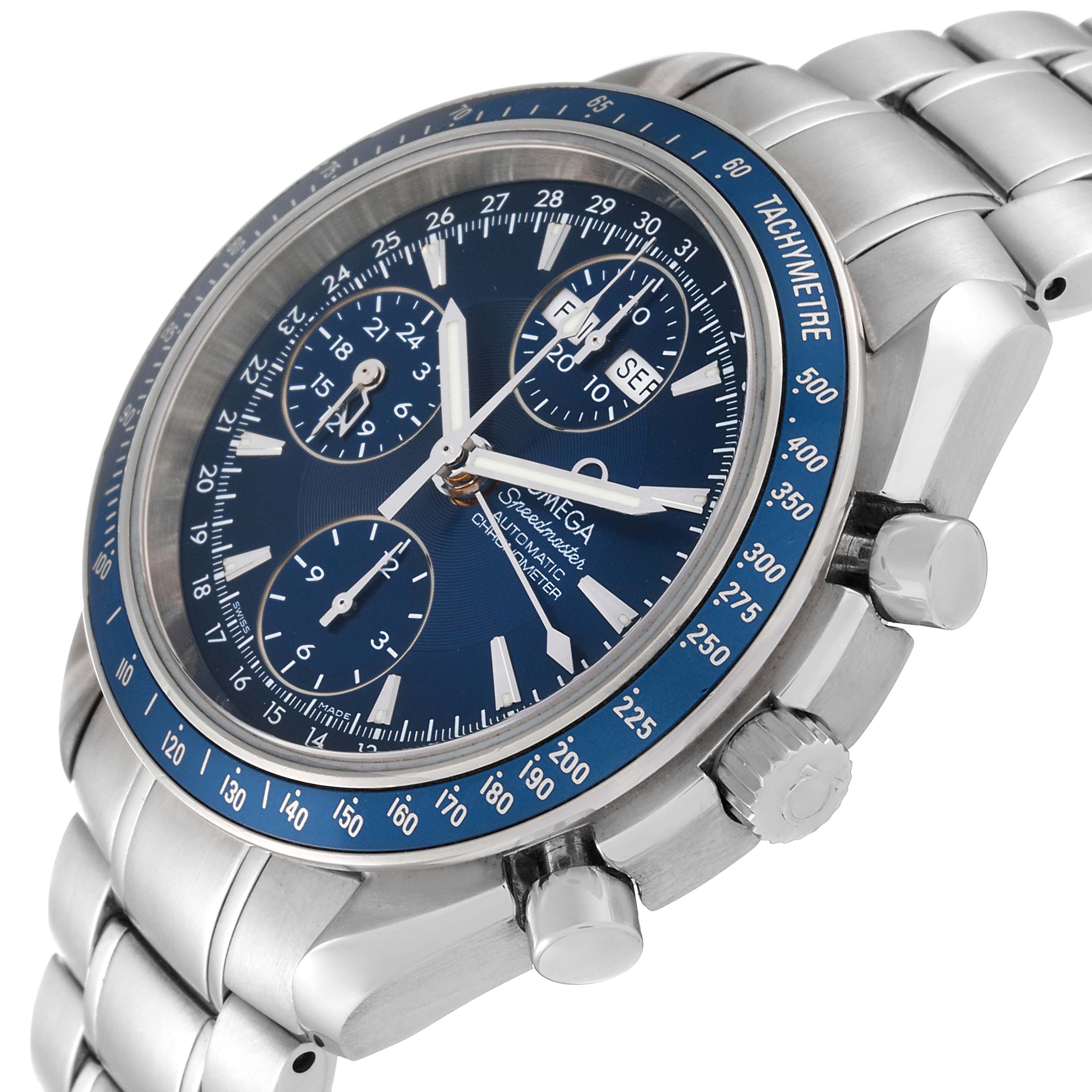 The photo shows an angled view of an Omega Speedmaster 3222.80.00 Men
s Stainless Steel Blue Dial 3222.80.00 Men
s Stainless Steel Blue Dial watch, highlighting the dial, subdials, bezel, and crown.