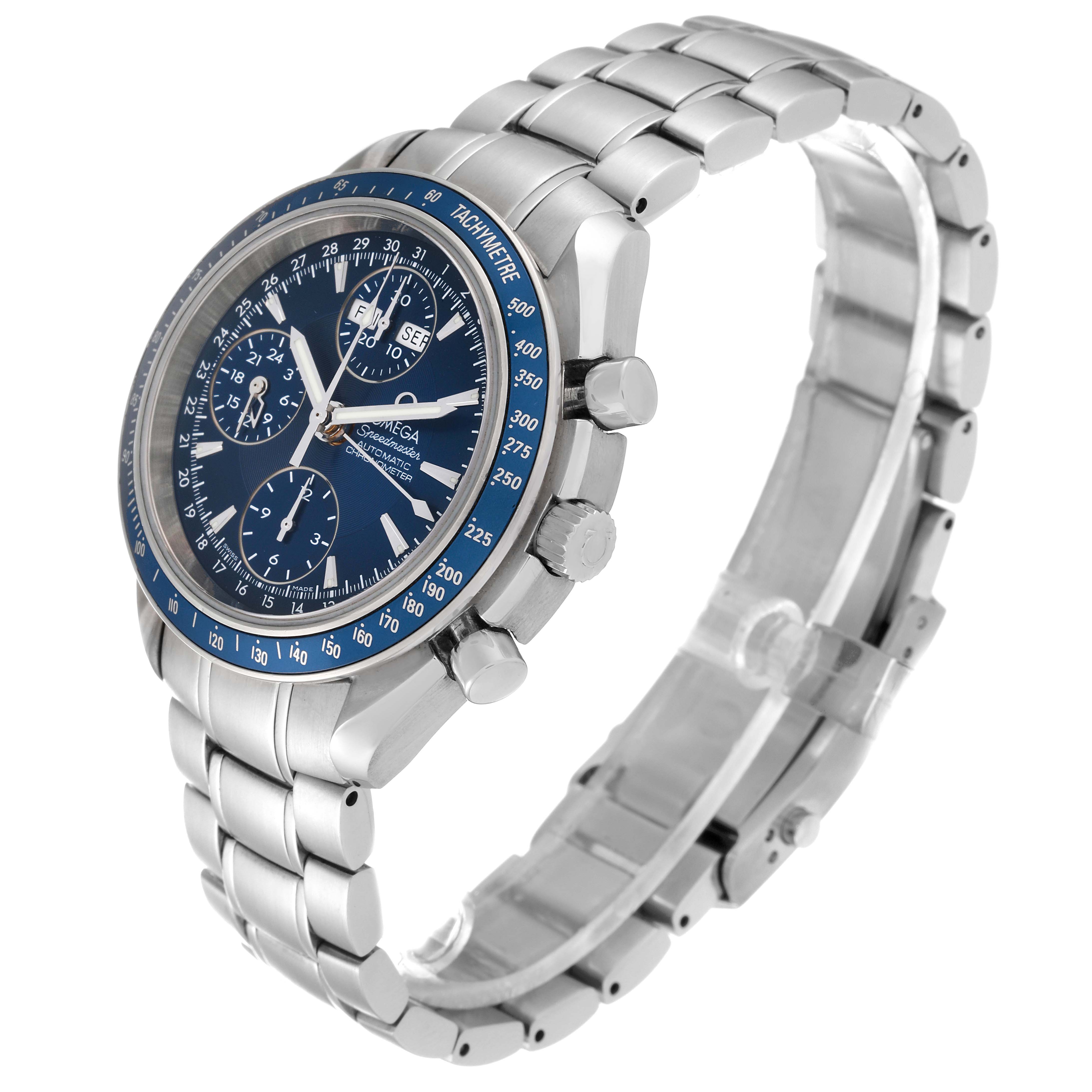 The Omega Speedmaster 3222.80.00 Men
s Stainless Steel Blue Dial 3222.80.00 Men
s Stainless Steel Blue Dial watch is shown at a three-quarter angle, highlighting its blue dial, tachymeter bezel, crown, pushers, and metal bracelet.