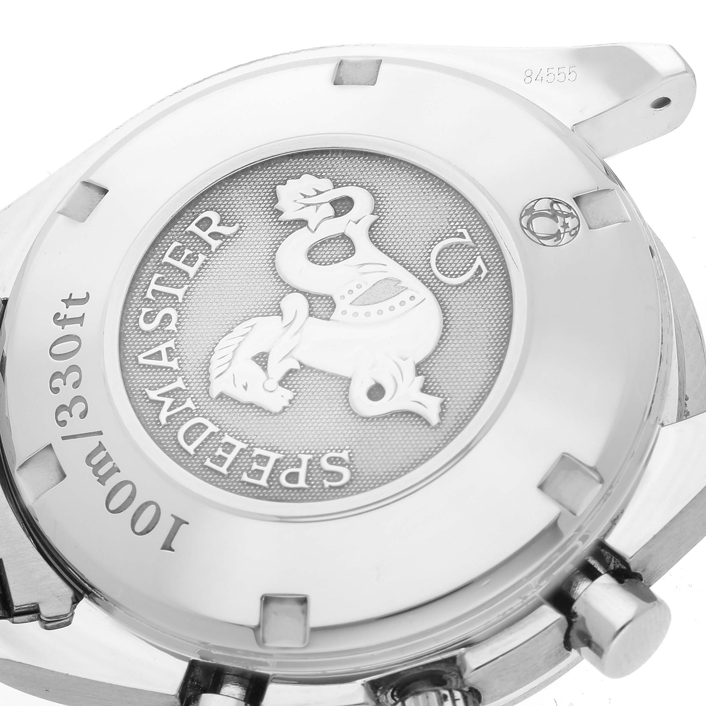 The image shows the back case of the Omega Speedmaster 3222.80.00 Men
s Stainless Steel Blue Dial 3222.80.00 Men
s Stainless Steel Blue Dial watch, highlighting the branding, model name, and water resistance.