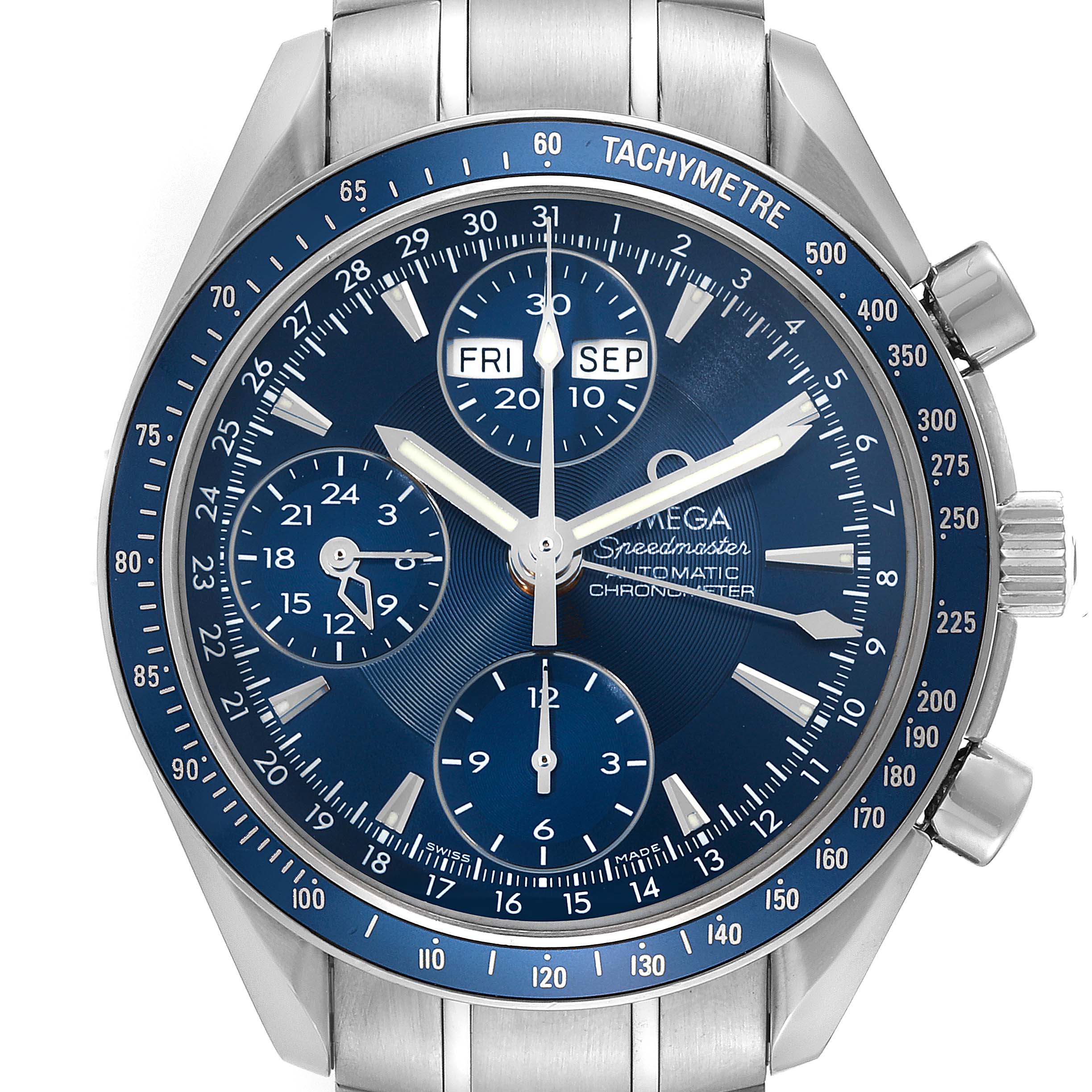 This front-facing image shows the dial, chronograph, tachymeter, and bracelet of the Omega Speedmaster 3222.80.00 Men
s Stainless Steel Blue Dial 3222.80.00 Men
s Stainless Steel Blue Dial watch.