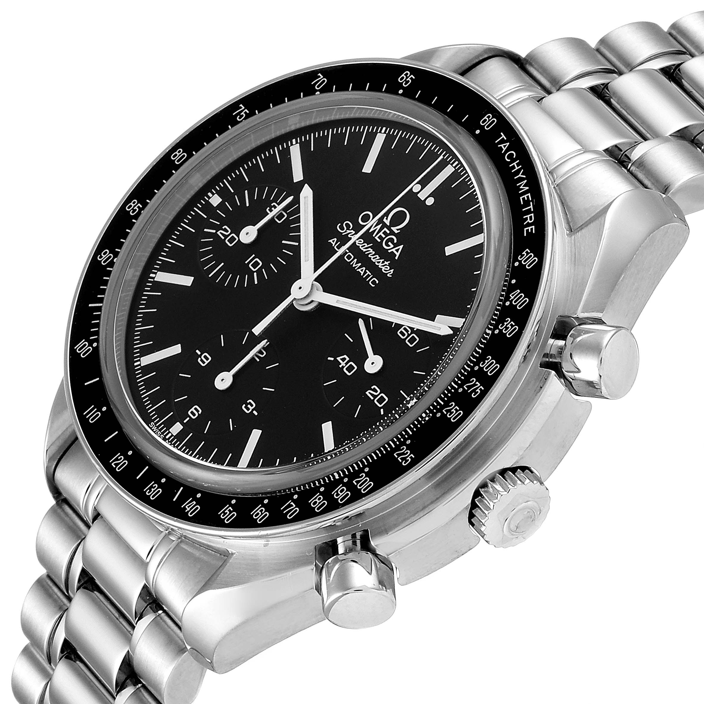 The Omega Speedmaster 3539.50.00 Men
s Stainless Steel Black Dial 3539.50.00 Men
s Stainless Steel Black Dial watch is shown at an angled view highlighting the dial, tachymeter bezel, crown, and pushers.