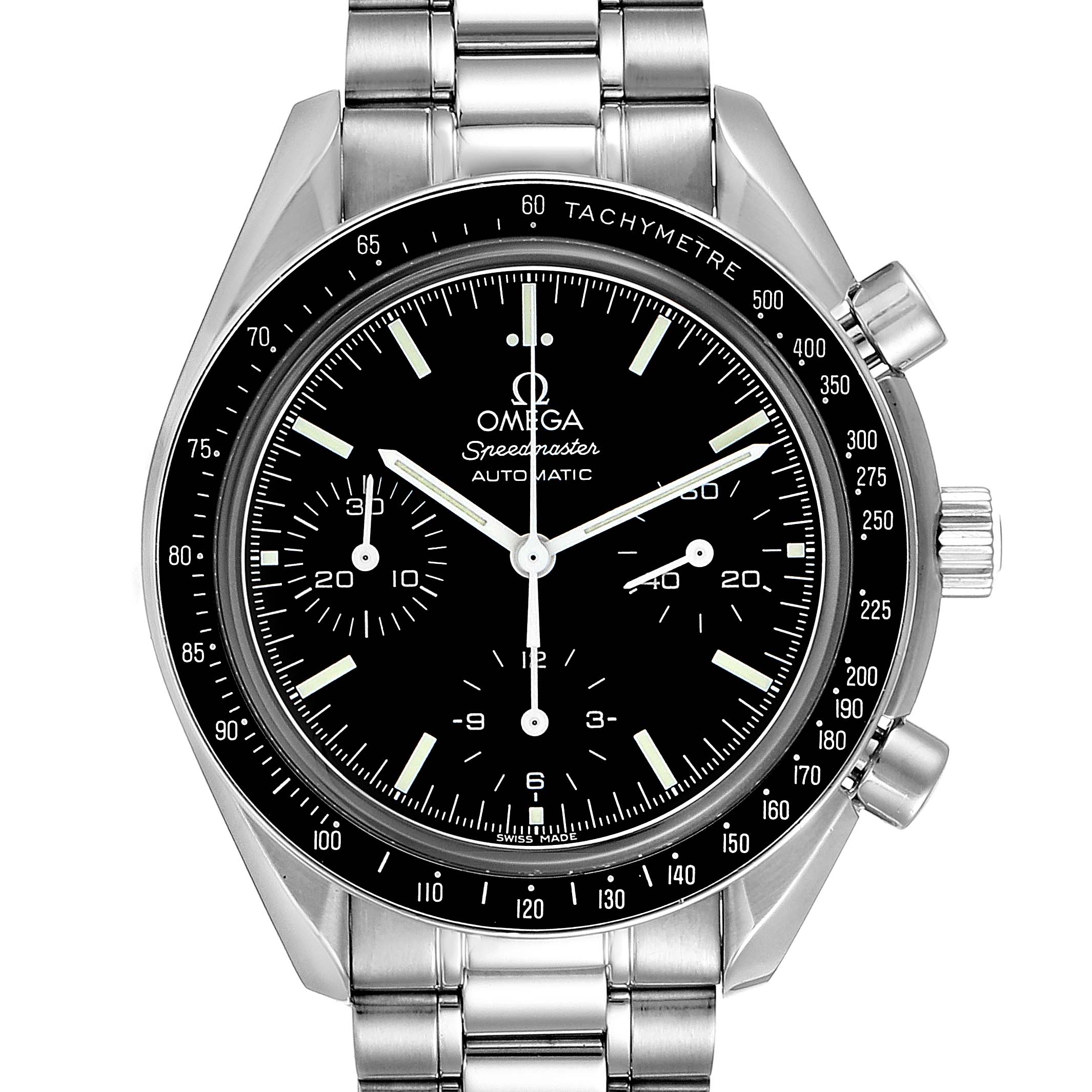 The image shows a front view of the Omega Speedmaster 3539.50.00 Men
s Stainless Steel Black Dial 3539.50.00 Men
s Stainless Steel Black Dial watch, highlighting its dial, bezel, and stainless steel bracelet.