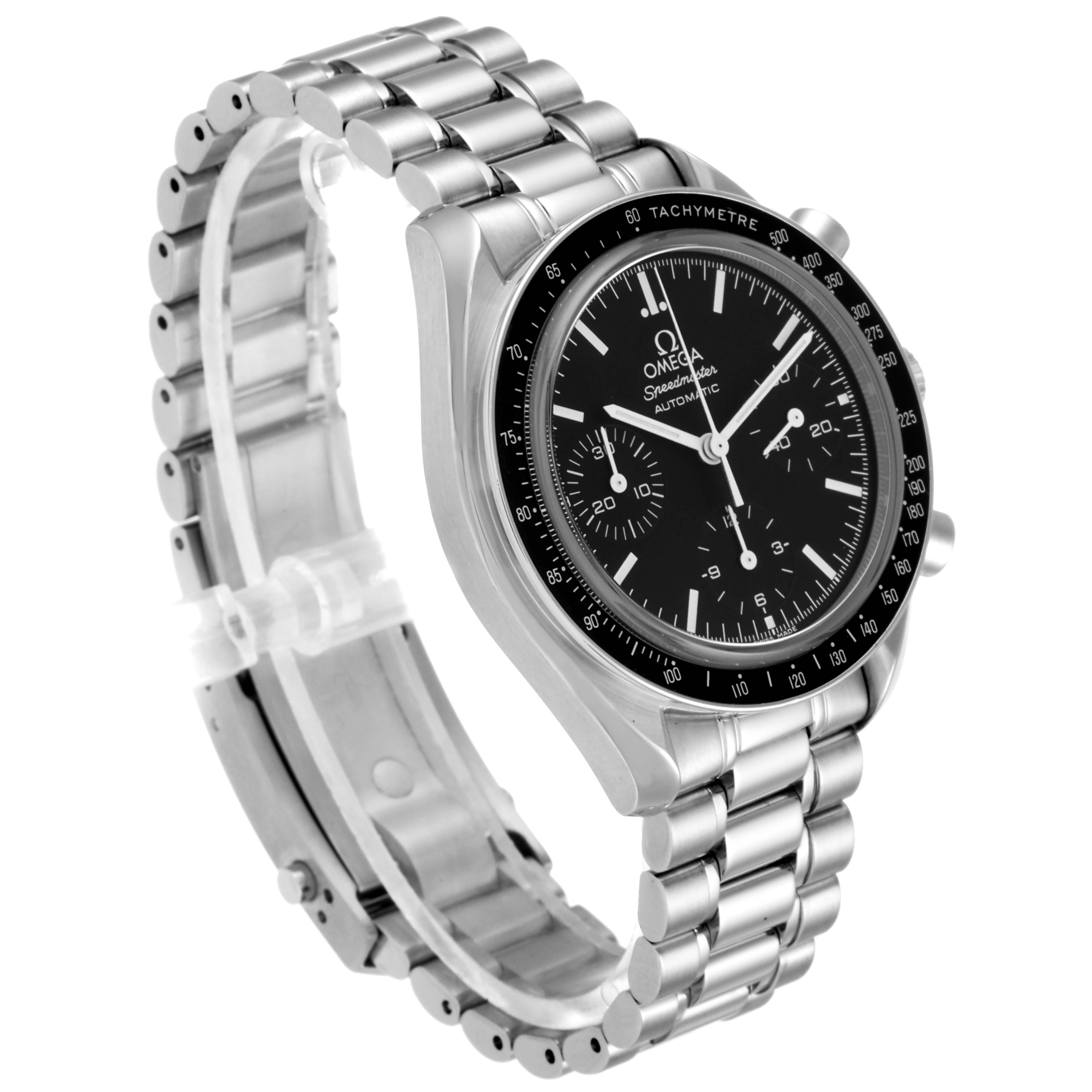 The image shows a side view of the Omega Speedmaster 3539.50.00 Men
s Stainless Steel Black Dial 3539.50.00 Men
s Stainless Steel Black Dial watch, focusing on the face, bezel, and stainless steel bracelet.