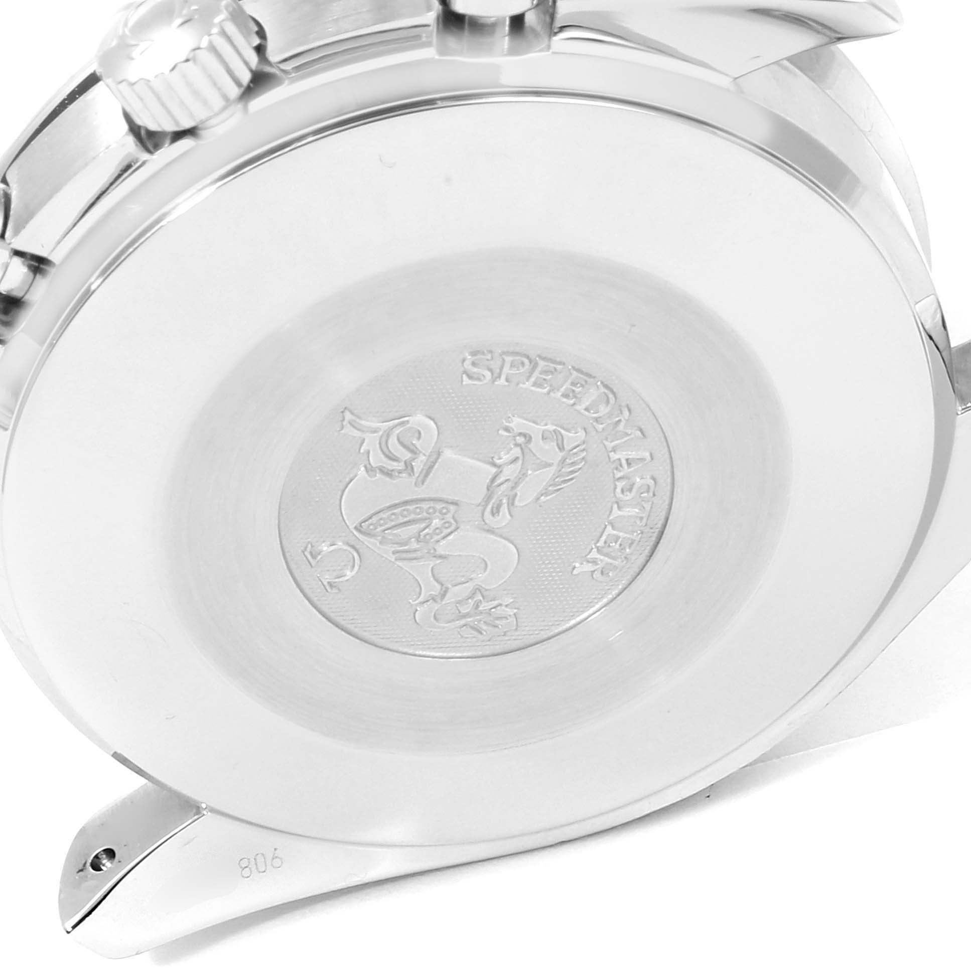 The image shows the case back and part of the side of the Omega Speedmaster 3539.50.00 Men
s Stainless Steel Black Dial 3539.50.00 Men
s Stainless Steel Black Dial watch.