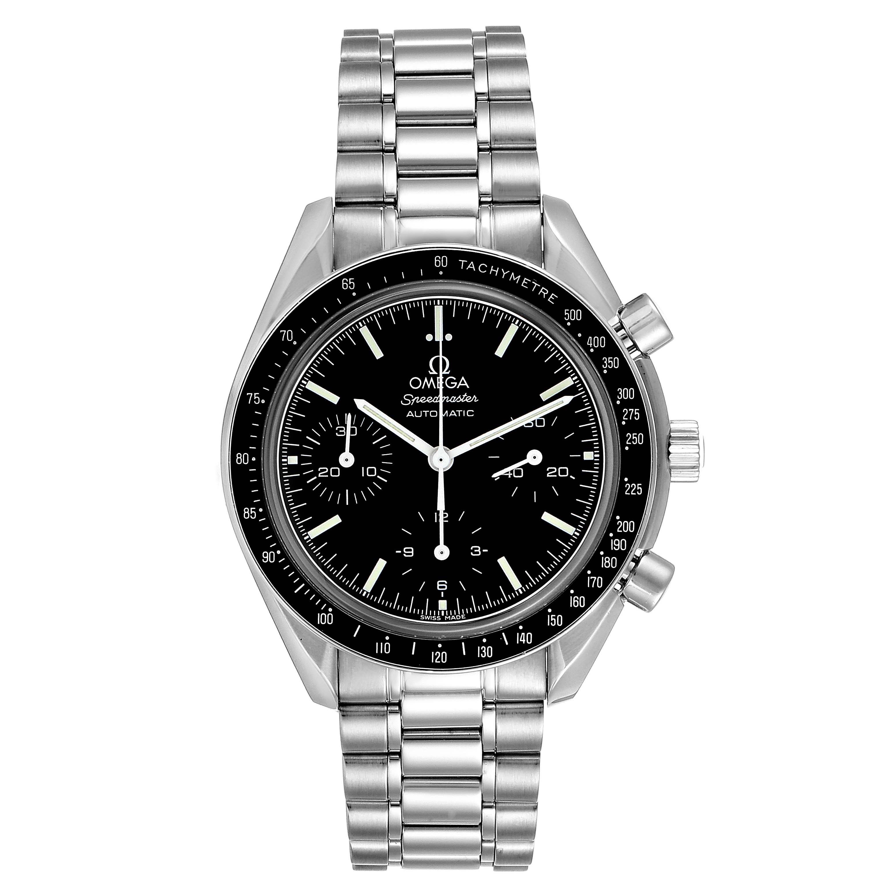 The image shows a front view of an Omega Speedmaster 3539.50.00 Men
s Stainless Steel Black Dial 3539.50.00 Men
s Stainless Steel Black Dial watch, featuring its dial, bezel, and stainless steel bracelet.