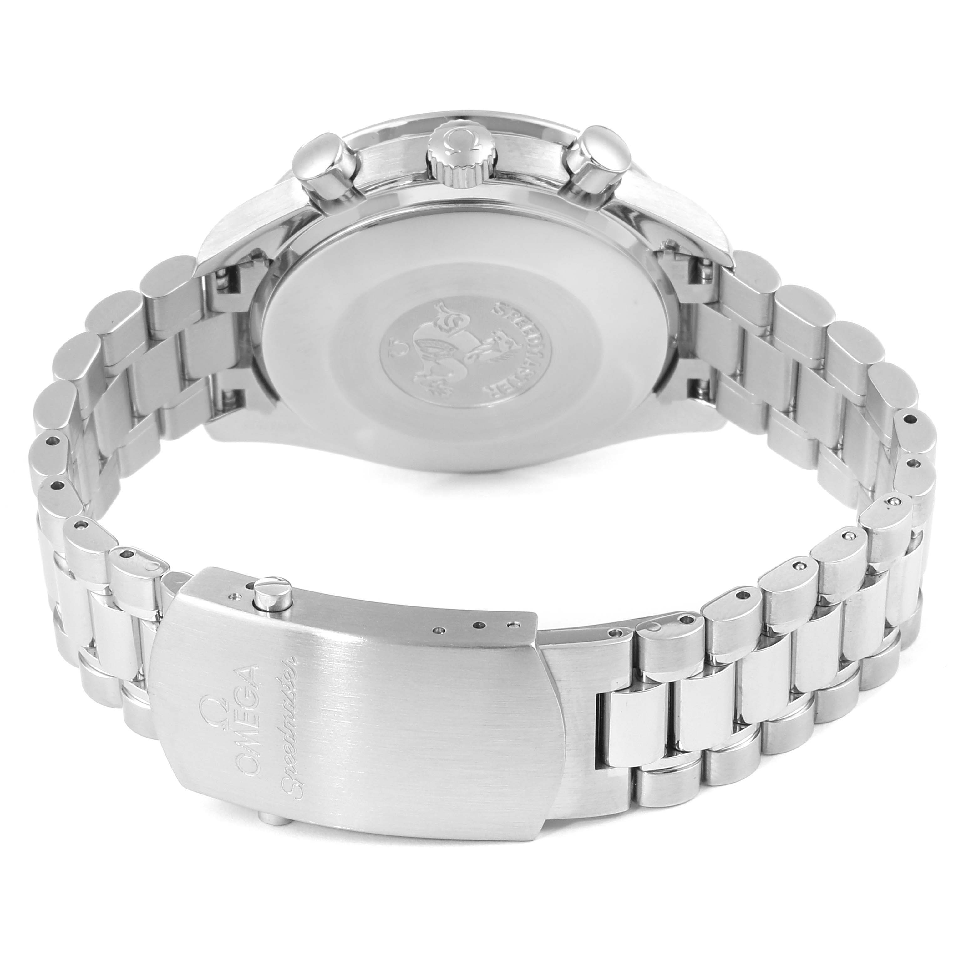 The image shows the back case, crown, pushers, and stainless steel bracelet of an Omega Speedmaster 3539.50.00 Men
s Stainless Steel Black Dial 3539.50.00 Men
s Stainless Steel Black Dial watch.