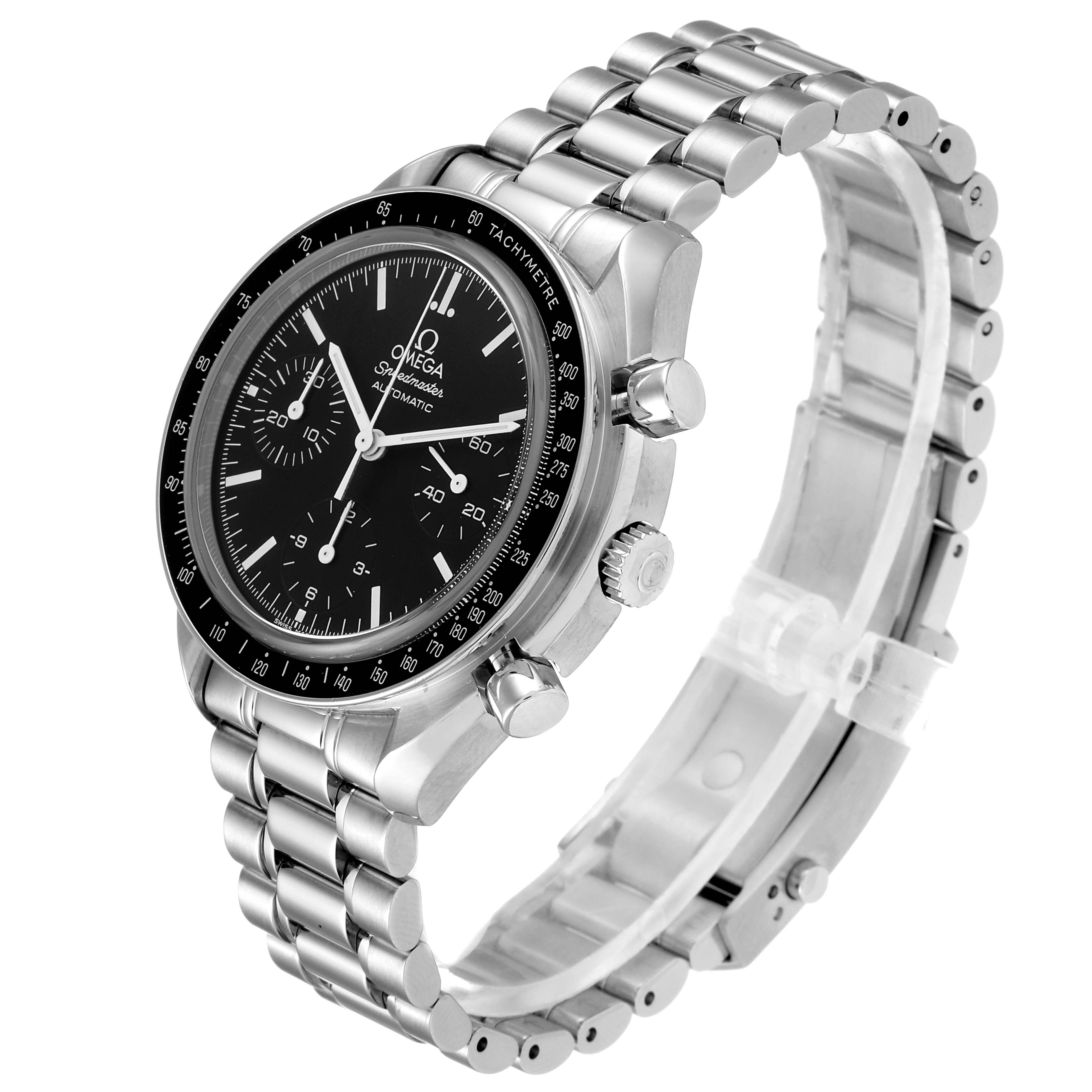 The Omega Speedmaster 3539.50.00 Men
s Stainless Steel Black Dial 3539.50.00 Men
s Stainless Steel Black Dial watch is shown from a front three-quarter angle, displaying its stainless steel bracelet, dial, and side buttons.
