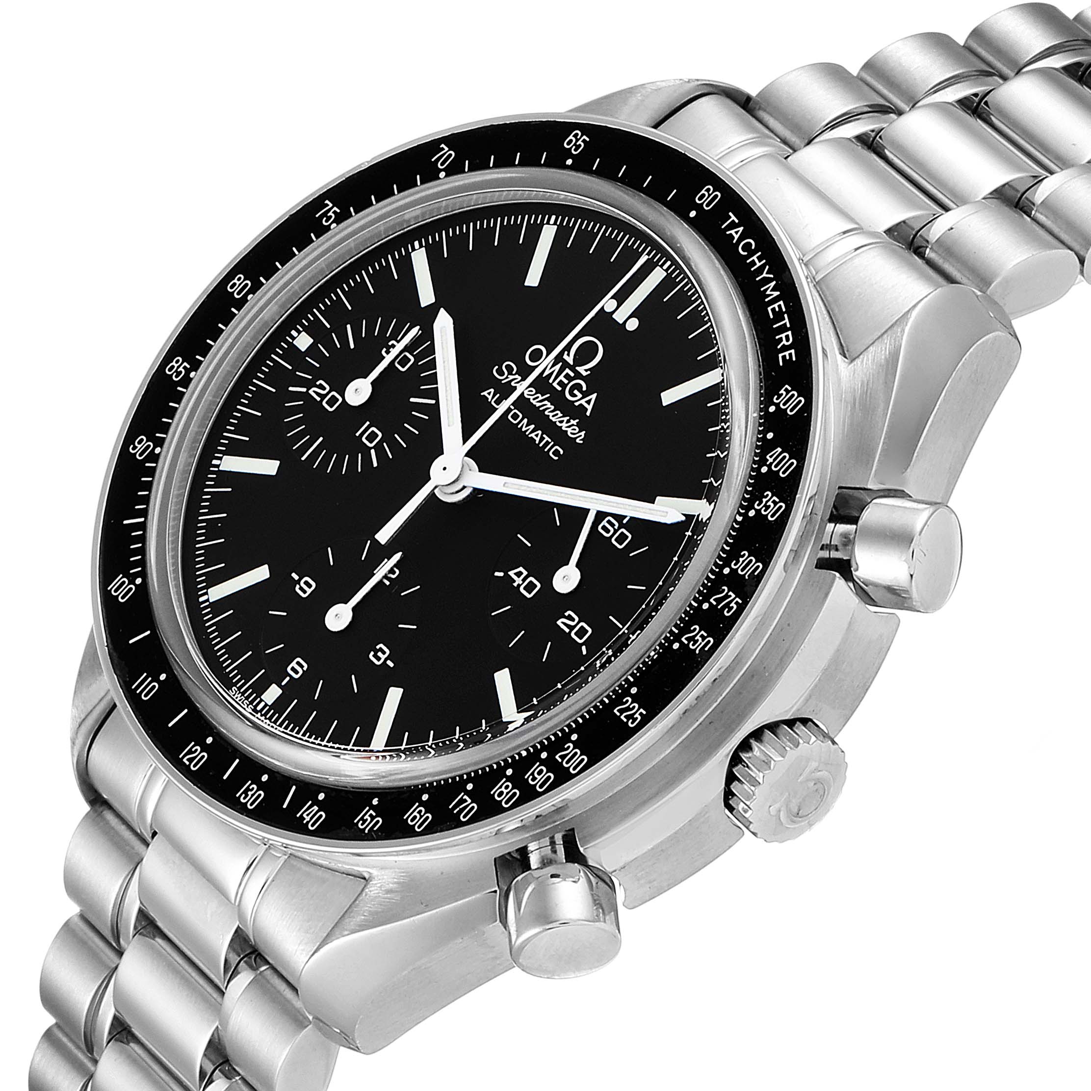 The image shows an Omega Speedmaster 3539.50.00 Men
s Stainless Steel Black Dial 3539.50.00 Men
s Stainless Steel Black Dial watch from a three-quarter angle, highlighting the face, bezel, crown, pushers, and bracelet.