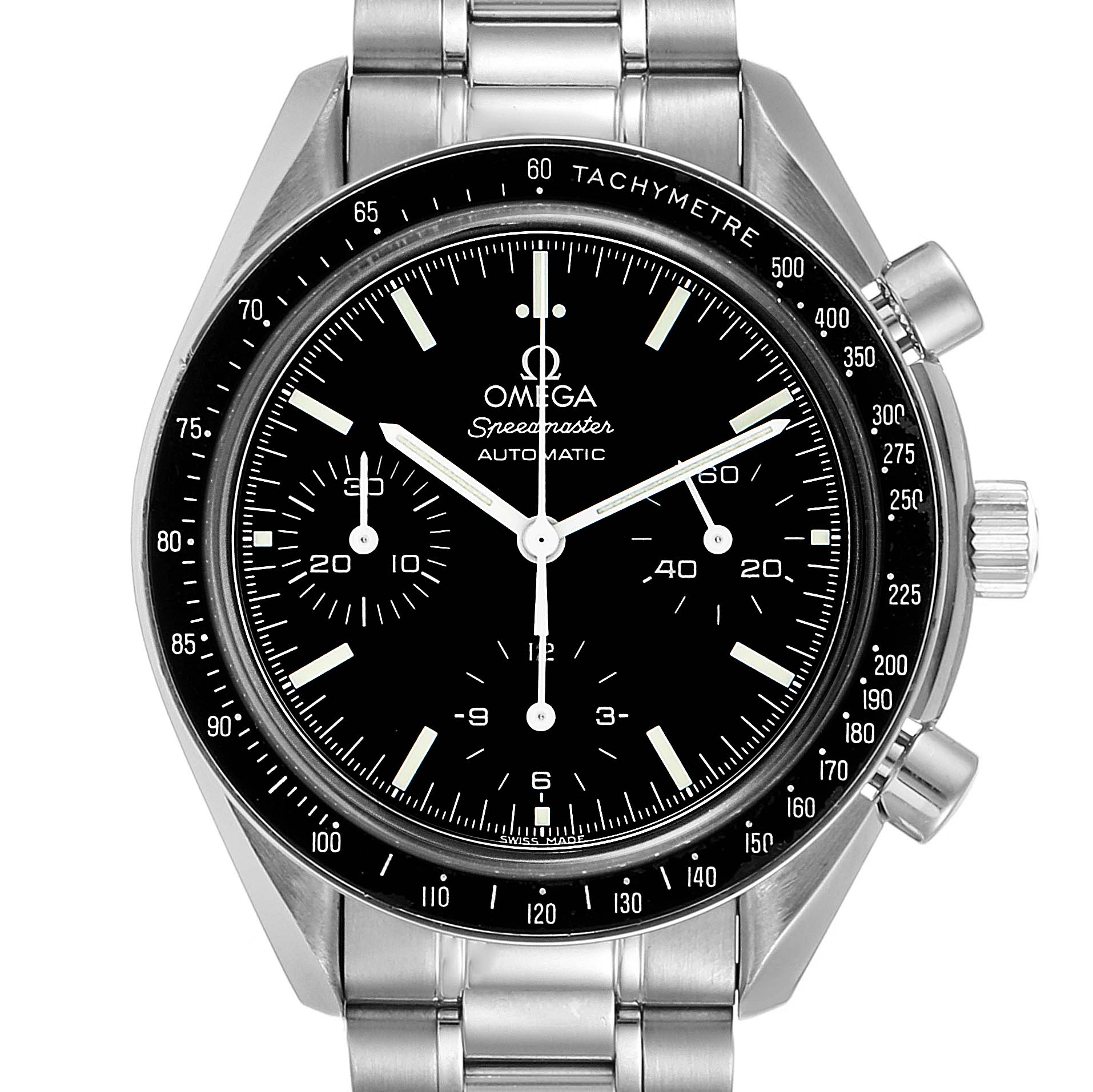This image shows a front view of the Omega Speedmaster 3539.50.00 Men
s Stainless Steel Black Dial 3539.50.00 Men
s Stainless Steel Black Dial watch, featuring its black dial, chronograph subdials, and tachymeter bezel.