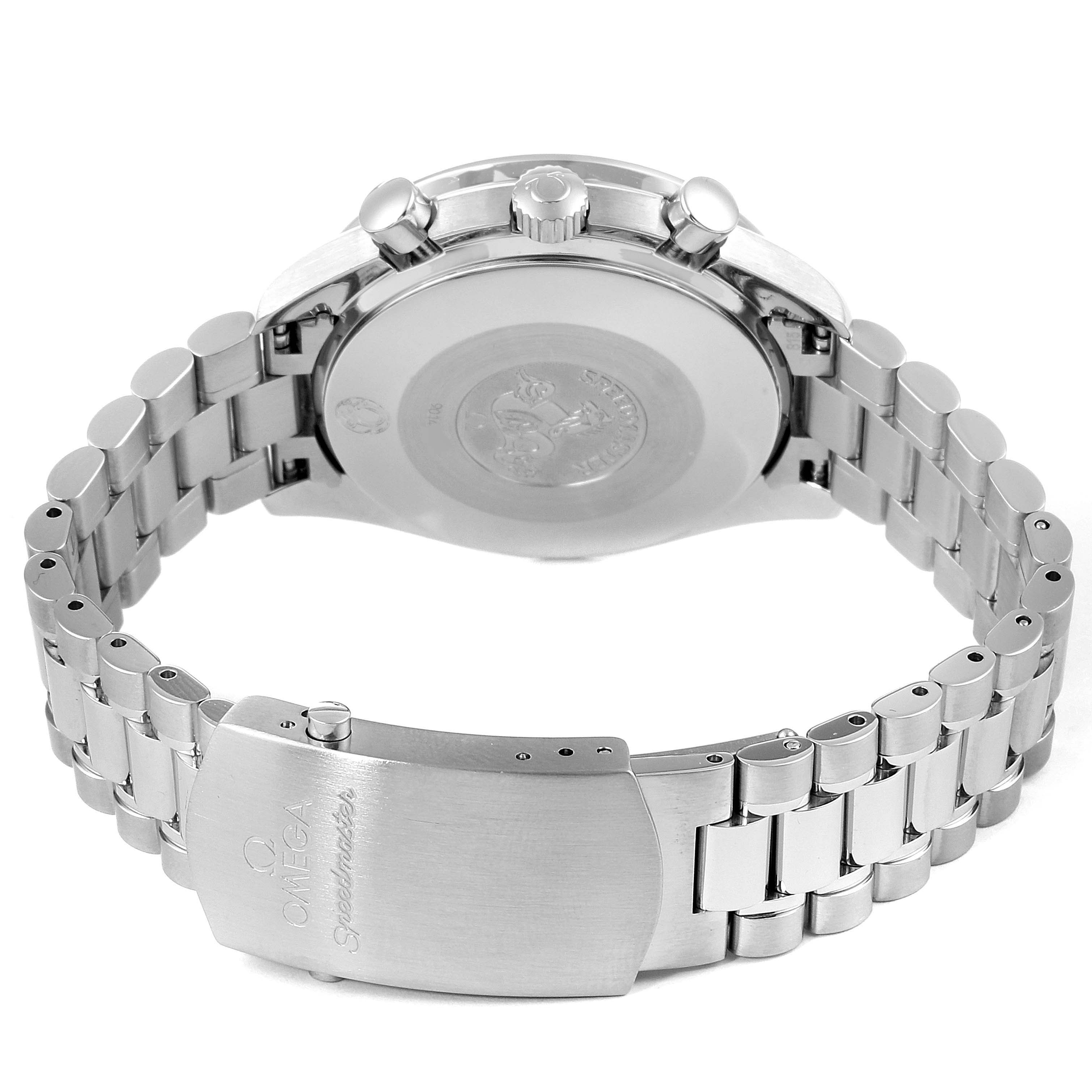 The image shows the back and clasp of the Omega Speedmaster 3539.50.00 Men
s Stainless Steel Black Dial 3539.50.00 Men
s Stainless Steel Black Dial watch at a rear angle.