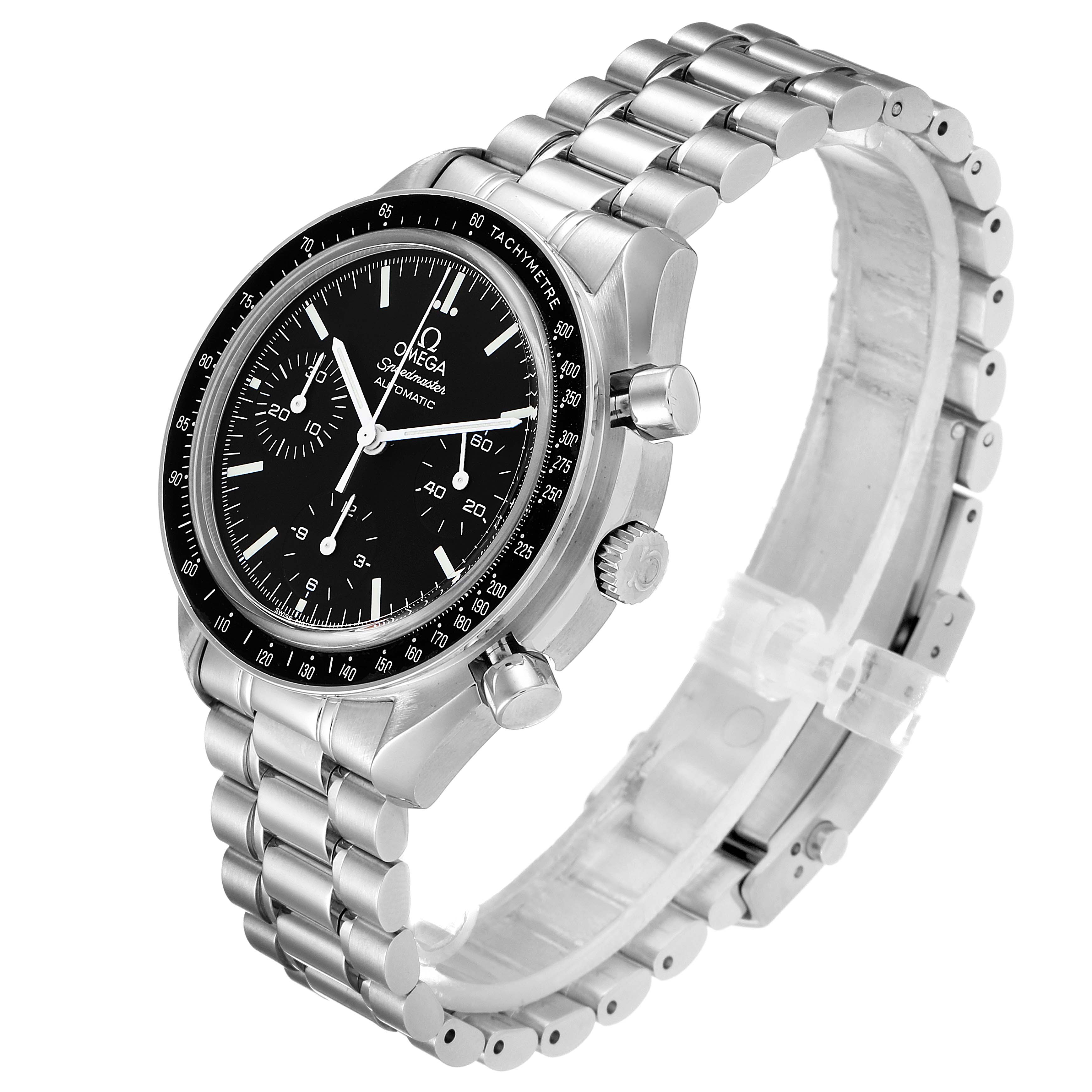 The Omega Speedmaster 3539.50.00 Men
s Stainless Steel Black Dial 3539.50.00 Men
s Stainless Steel Black Dial watch is shown at a three-quarter angle, highlighting its black dial, tachymeter bezel, and metal bracelet.
