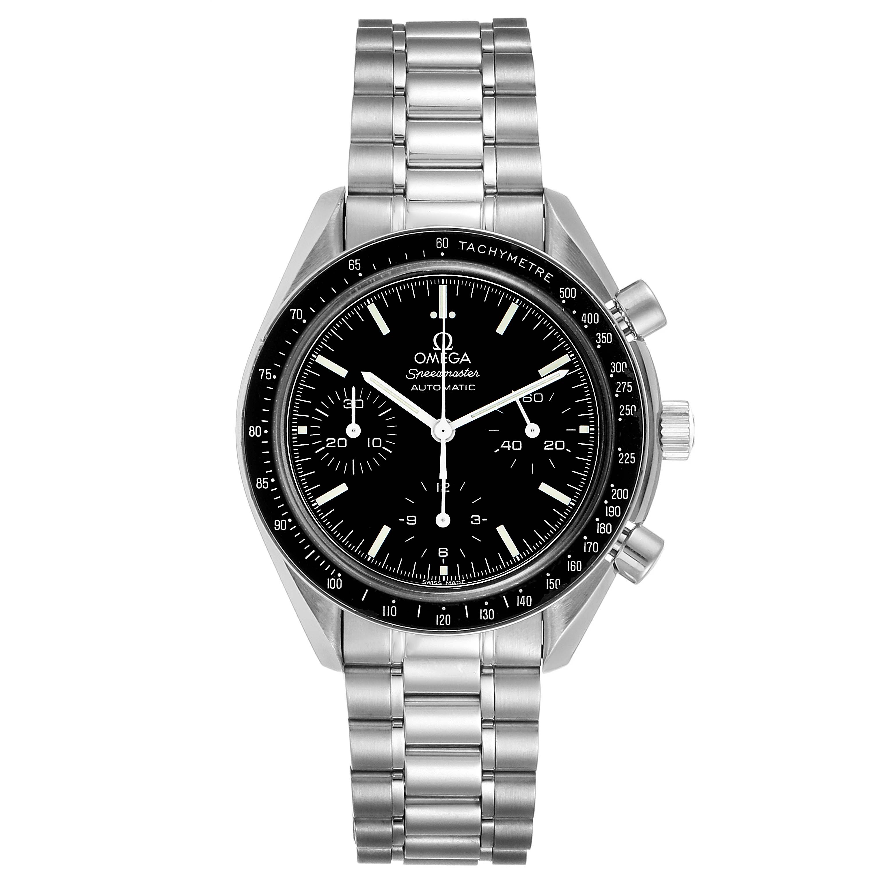 The image shows a front view of the Omega Speedmaster 3539.50.00 Men
s Stainless Steel Black Dial 3539.50.00 Men
s Stainless Steel Black Dial watch, displaying its dial, bezel, and bracelet.
