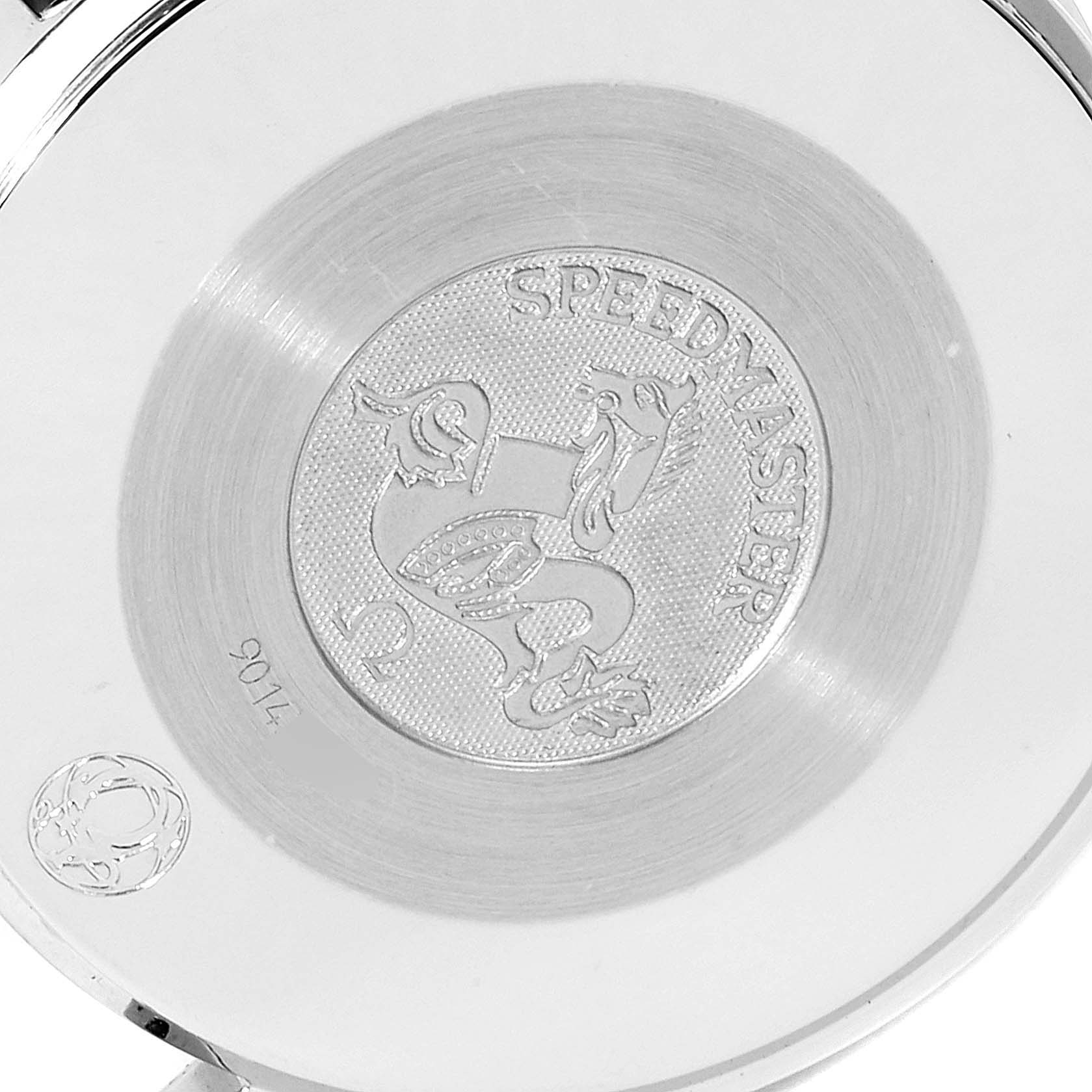 The image shows the engraved case back of an Omega Speedmaster 3539.50.00 Men
s Stainless Steel Black Dial 3539.50.00 Men
s Stainless Steel Black Dial watch.