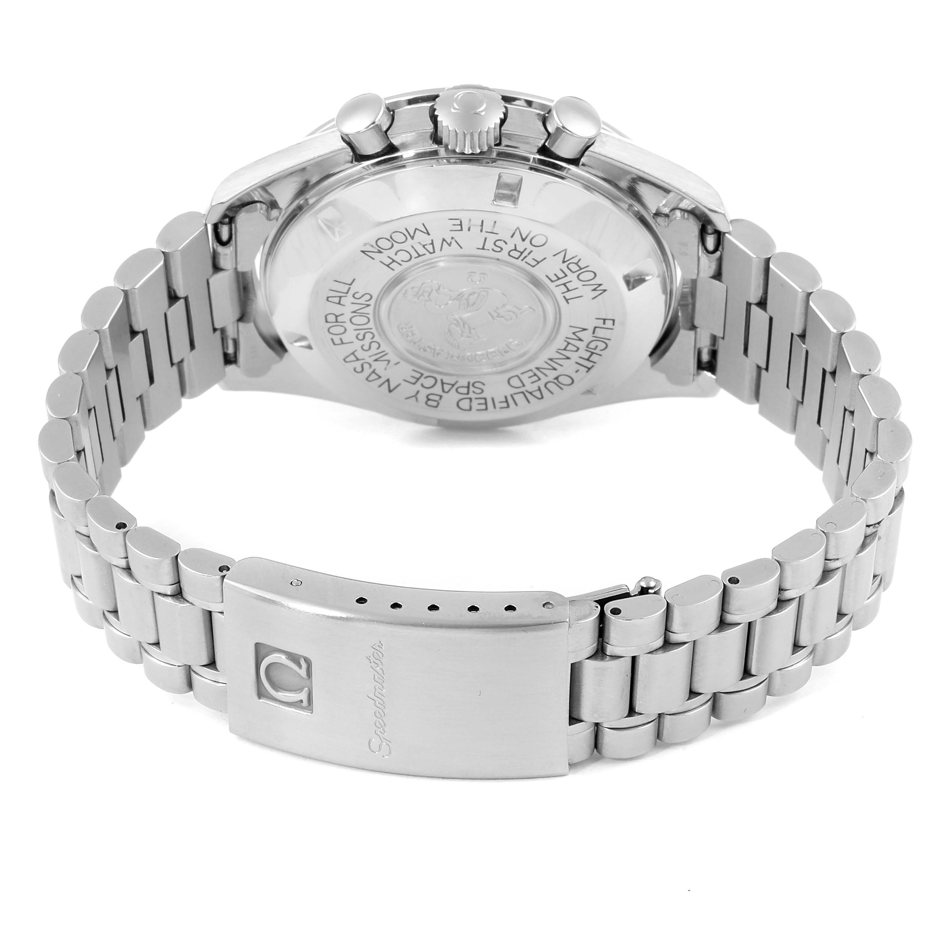 The image shows the back case and bracelet clasp of the Omega Speedmaster 145.022 Men's Stainless Steel Black Dial 145.022 Men's Stainless Steel Black Dial watch, highlighting the engraved details.