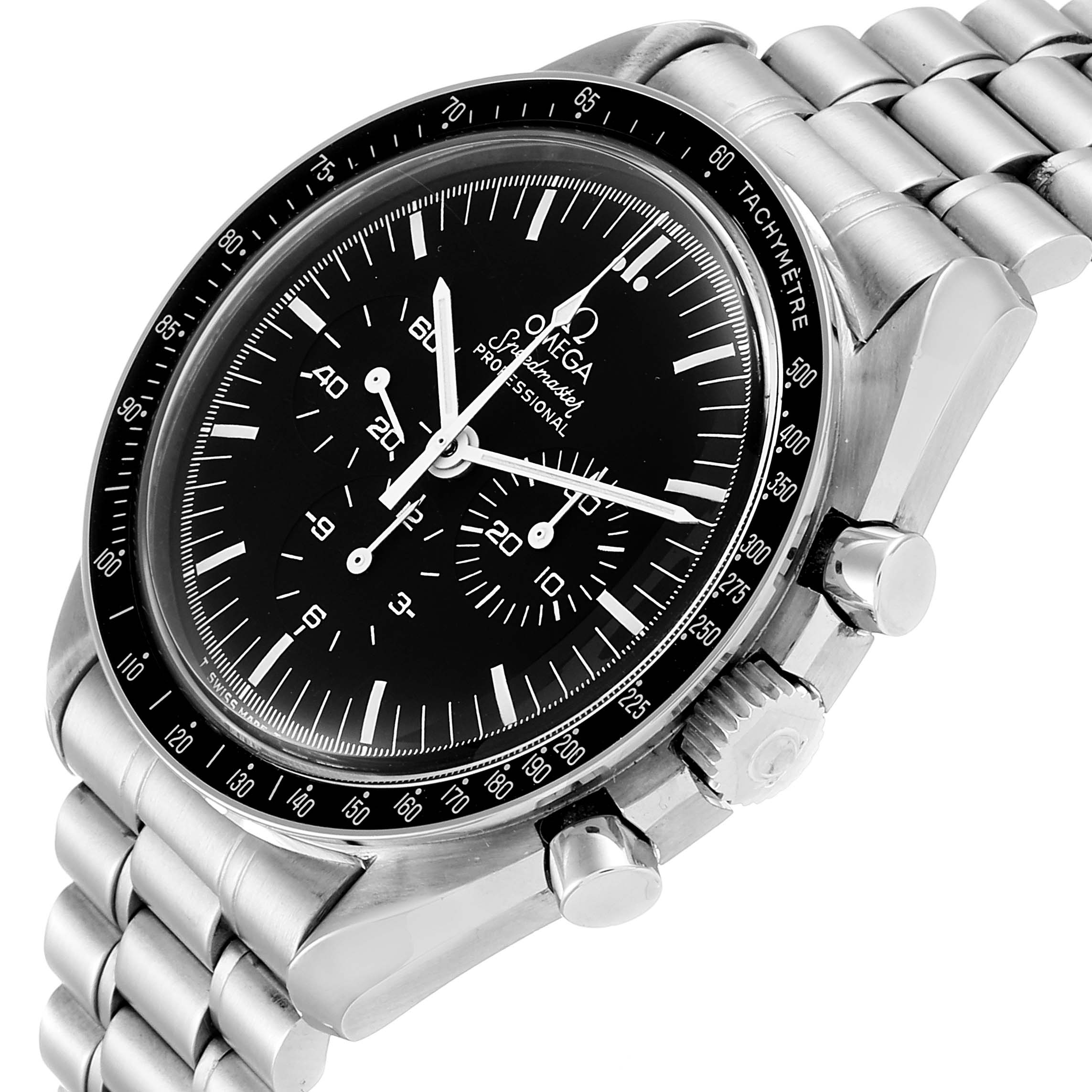 The Omega Speedmaster 145.022 Men's Stainless Steel Black Dial 145.022 Men's Stainless Steel Black Dial watch is shown at a slight angle from the top right, highlighting the dial, bezel, pushers, and bracelet.