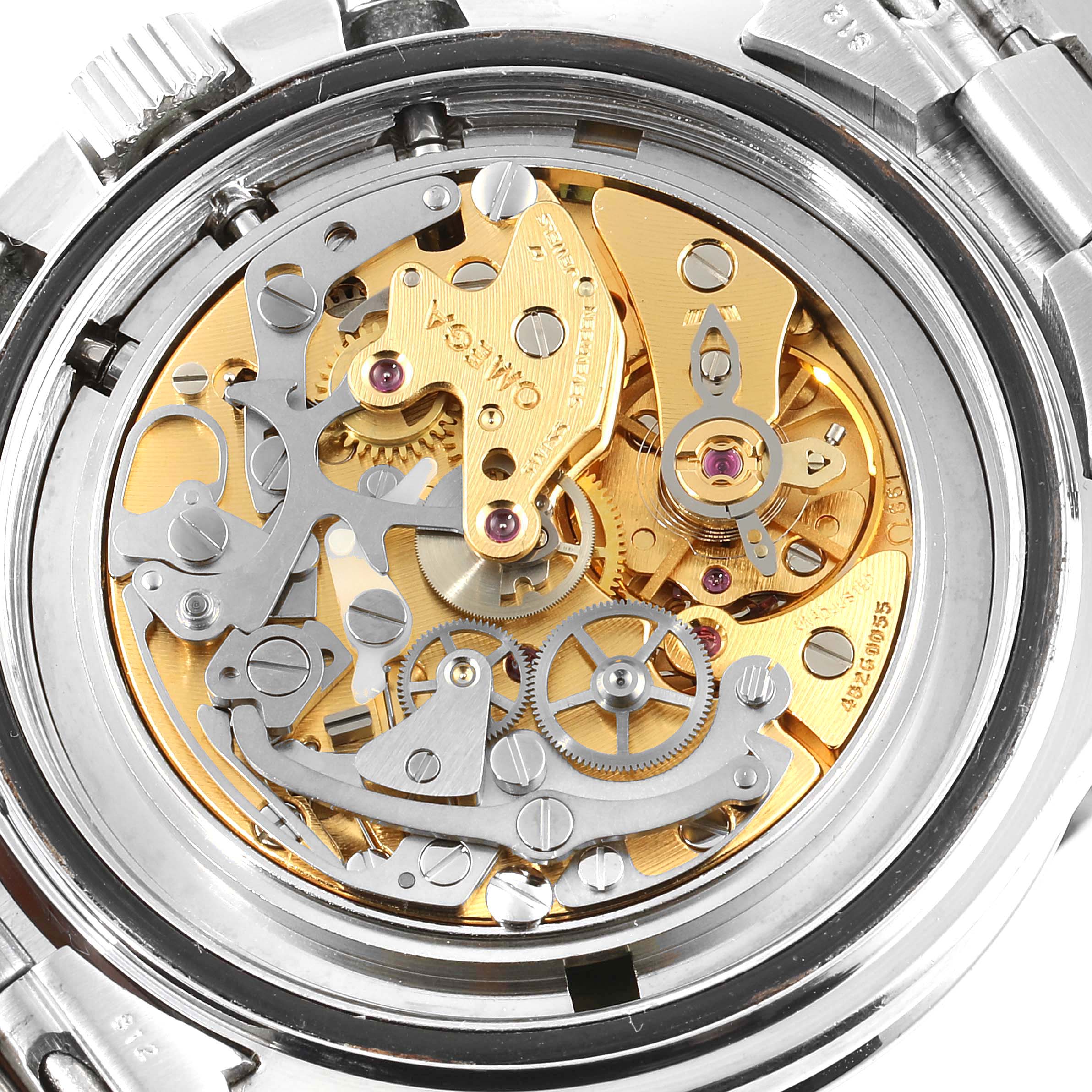 This image shows the intricate movement and mechanism of the Omega Speedmaster 145.022 Men's Stainless Steel Black Dial 145.022 Men's Stainless Steel Black Dial watch from a rear angle.