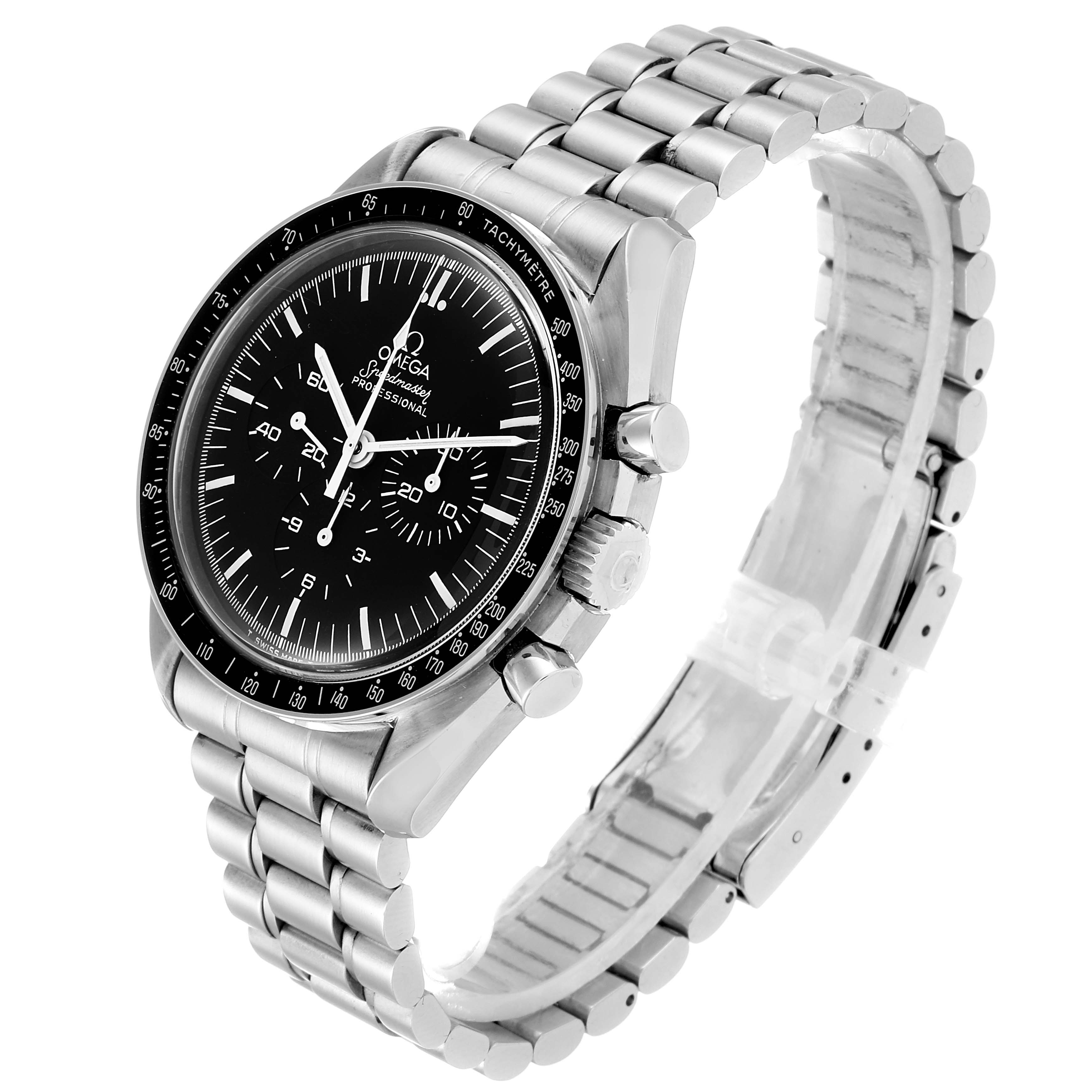 This image shows an Omega Speedmaster 145.022 Men's Stainless Steel Black Dial 145.022 Men's Stainless Steel Black Dial watch from a three-quarter angle, highlighting the face, bezel, and stainless steel bracelet.