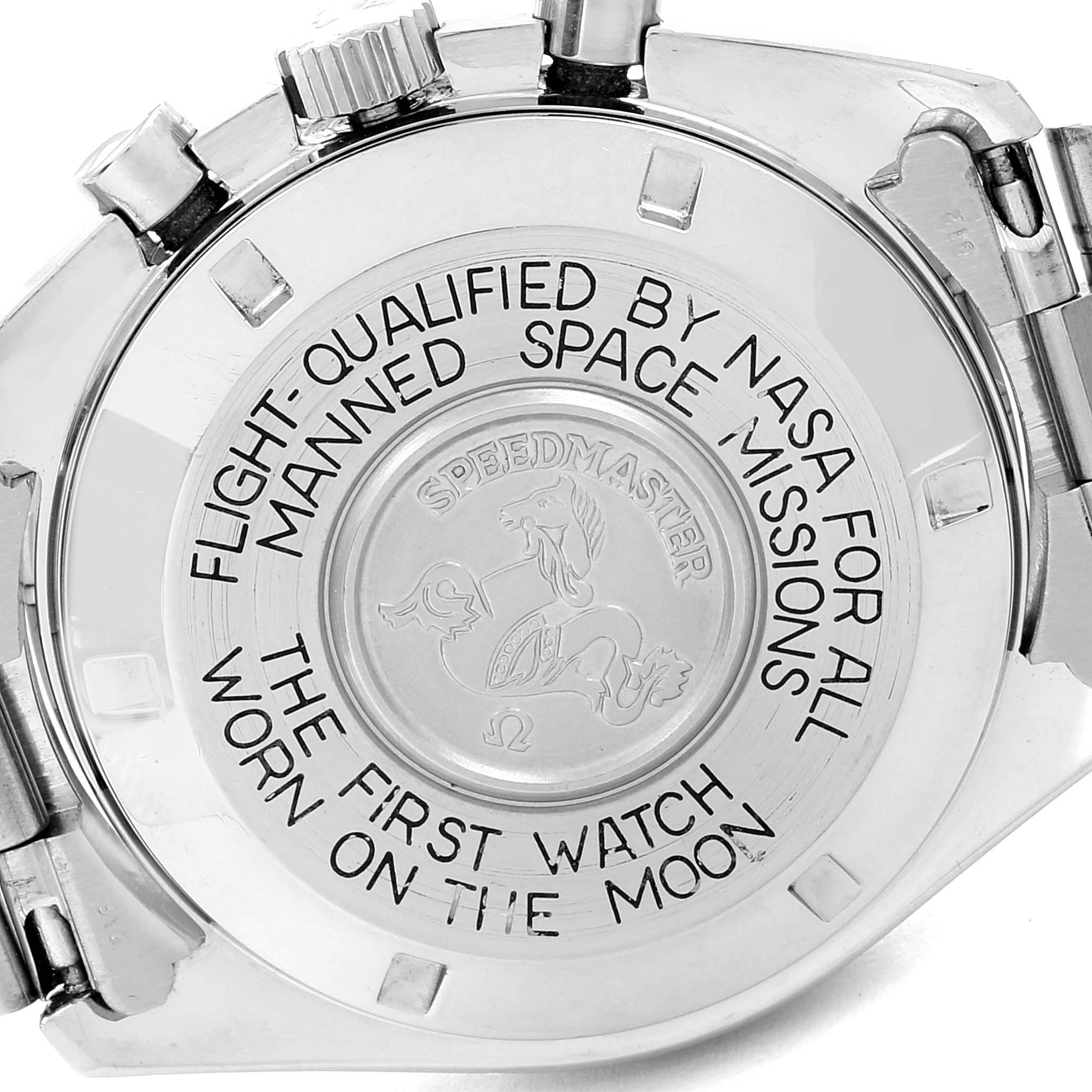 The image shows the back case of an Omega Speedmaster 145.022 Men's Stainless Steel Black Dial 145.022 Men's Stainless Steel Black Dial watch, highlighting its engravings and logo.