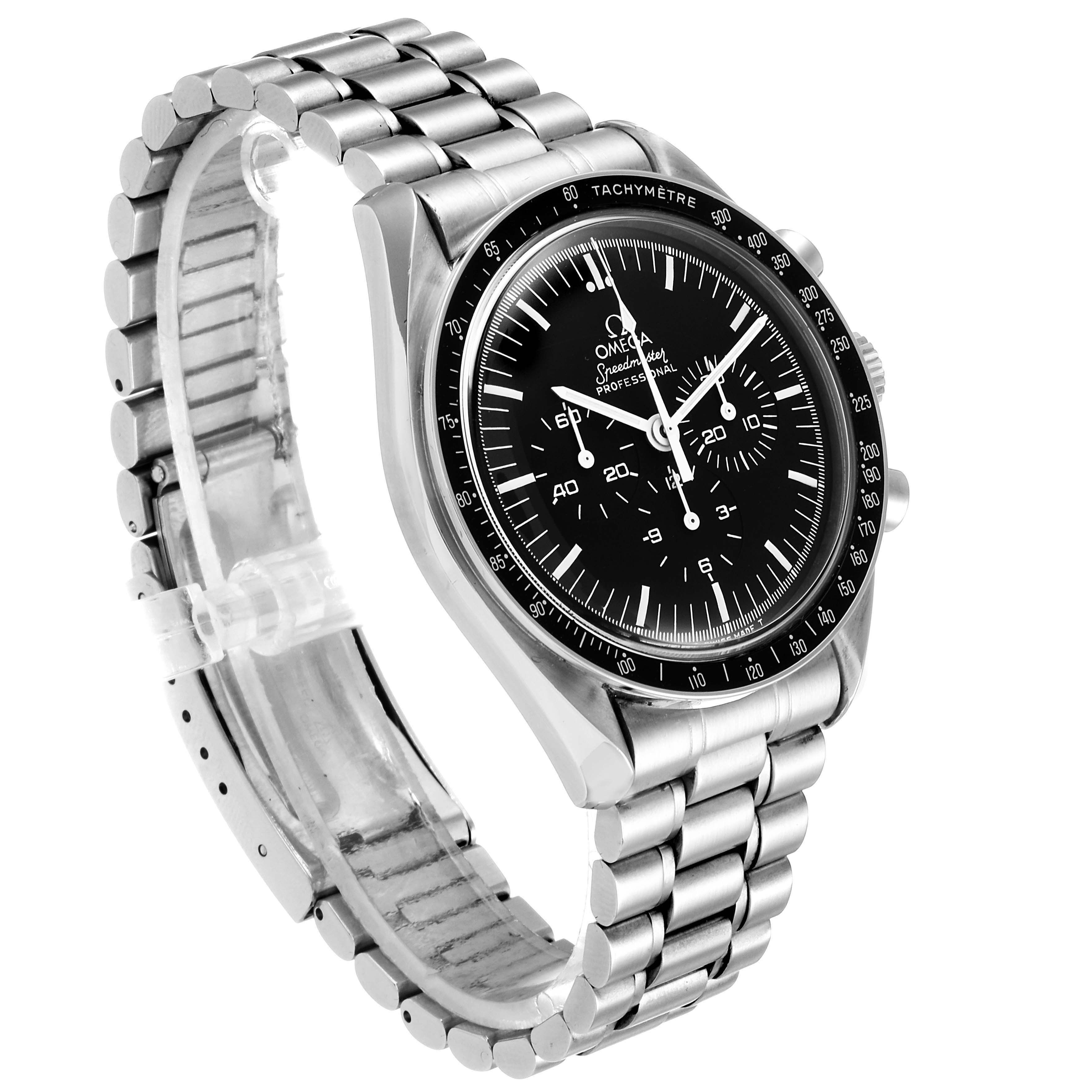 The Omega Speedmaster 145.022 Men's Stainless Steel Black Dial 145.022 Men's Stainless Steel Black Dial watch is shown at a three-quarter angle, displaying its face, bezel, and stainless steel bracelet.