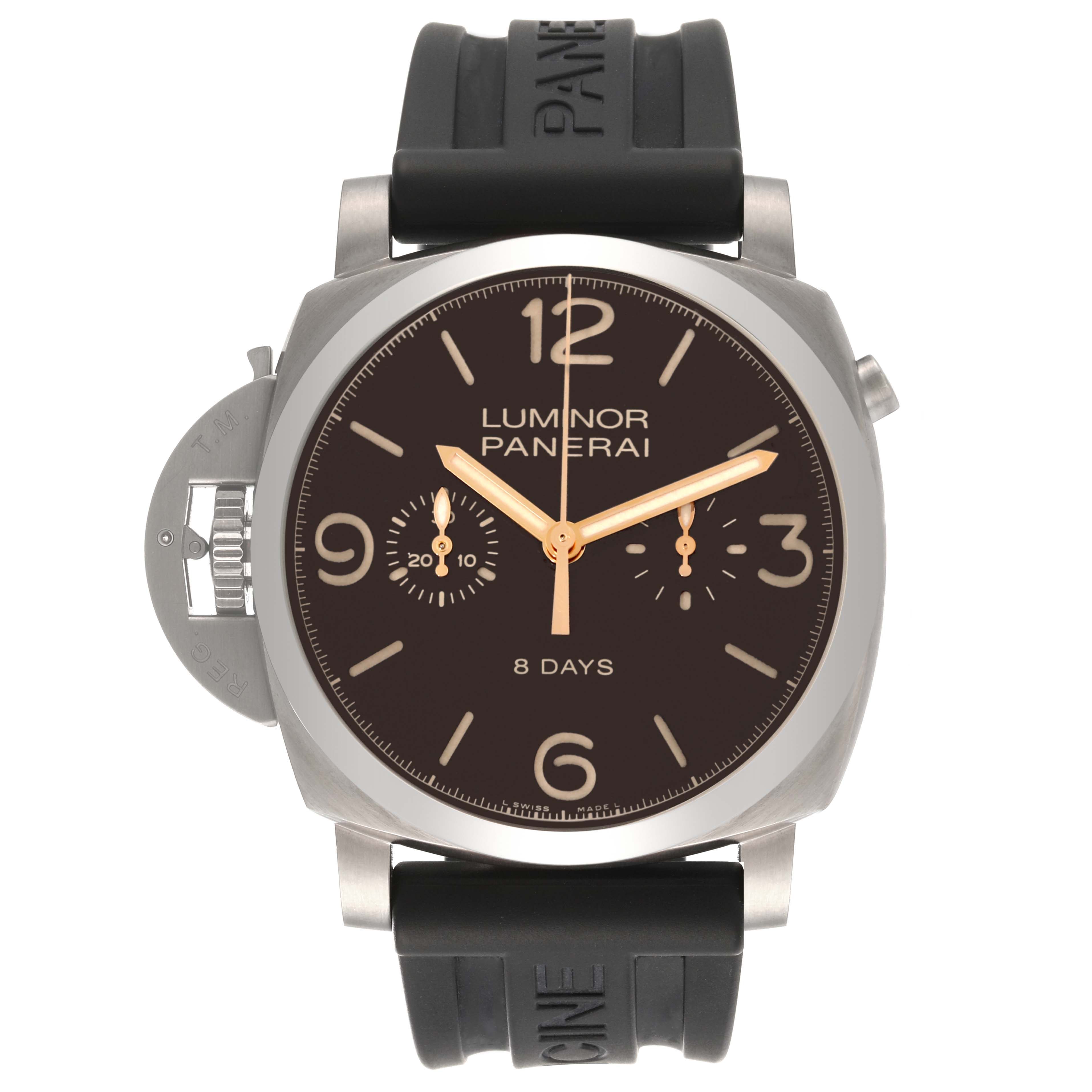 The image shows a front view of the Panerai Luminor PAM00579 Men's Titanium Brown Dial PAM00579 Men's Titanium Brown Dial watch with a black dial and strap, displaying its face and crown guard.