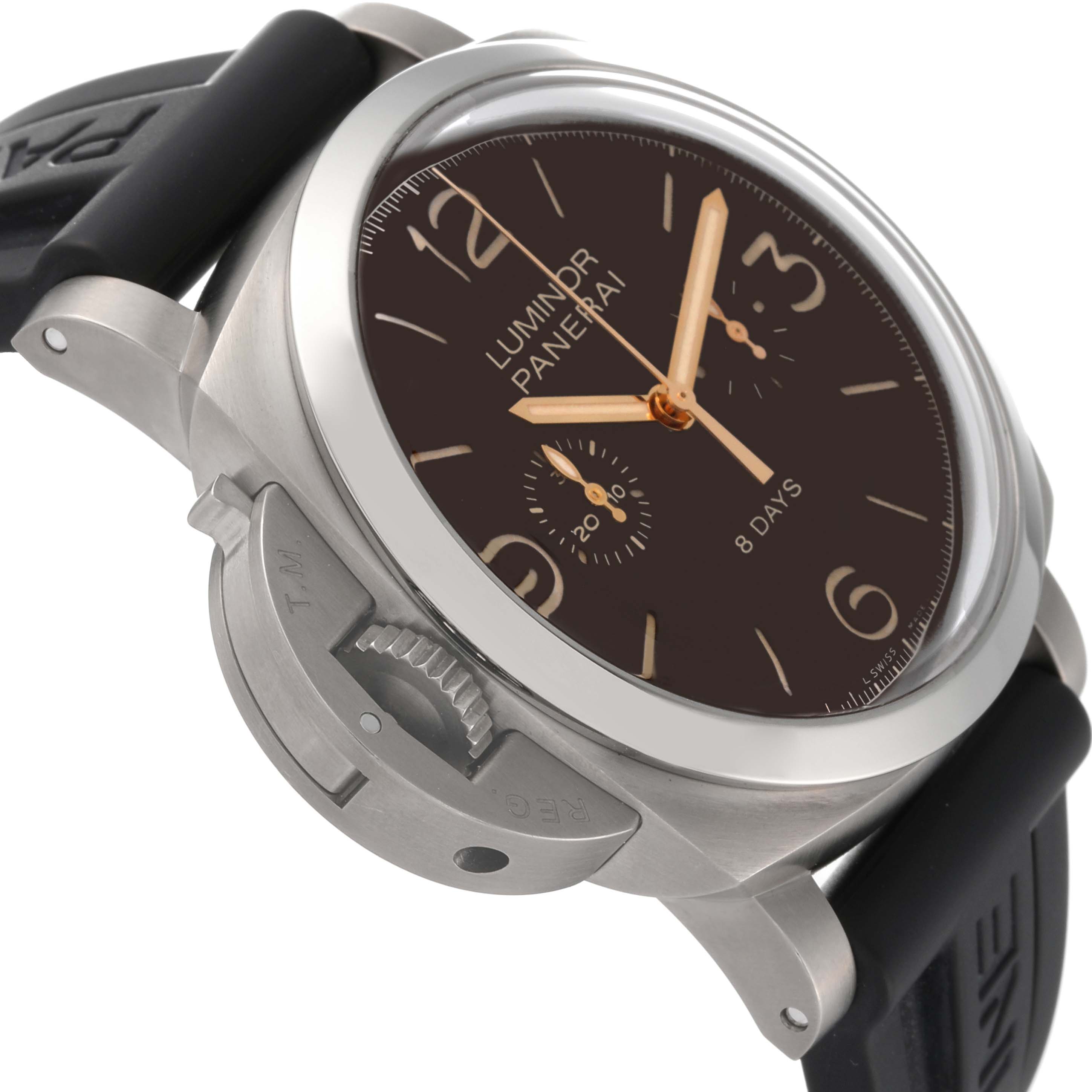 The image shows a Panerai Luminor PAM00579 Men's Titanium Brown Dial PAM00579 Men's Titanium Brown Dial watch at an angle highlighting the dial, crown guard, and part of the strap.