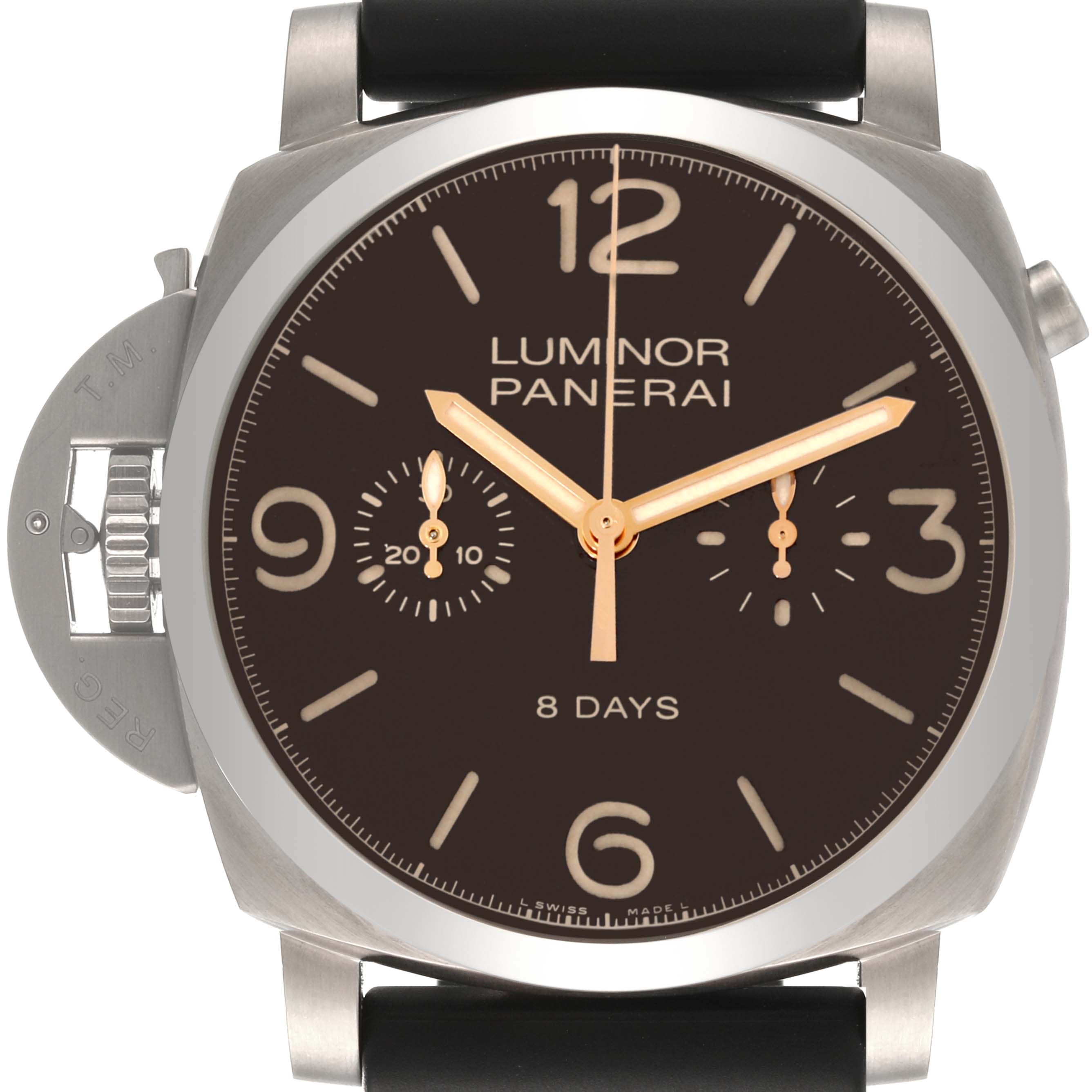 The image shows a front view of the Panerai Luminor PAM00579 Men's Titanium Brown Dial PAM00579 Men's Titanium Brown Dial watch, highlighting its dial, hands, and crown protector.